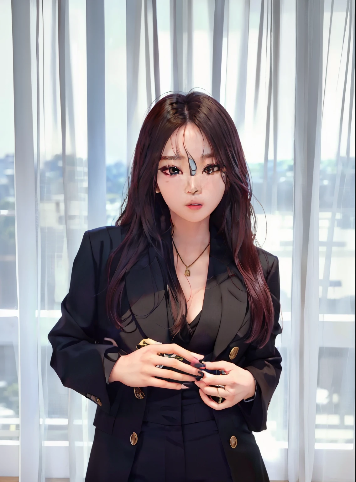 araffe woman in a black jacket and black pants in front of a window, Heonhwa Choe, gemma chen, Chiho, Retrato de Jossi de Blackpink, jossi do blackpink, Xintong Chen, Lalisa Manobal, Parque Ji-min, Yoshitomo Nara, Lee Ji-eun