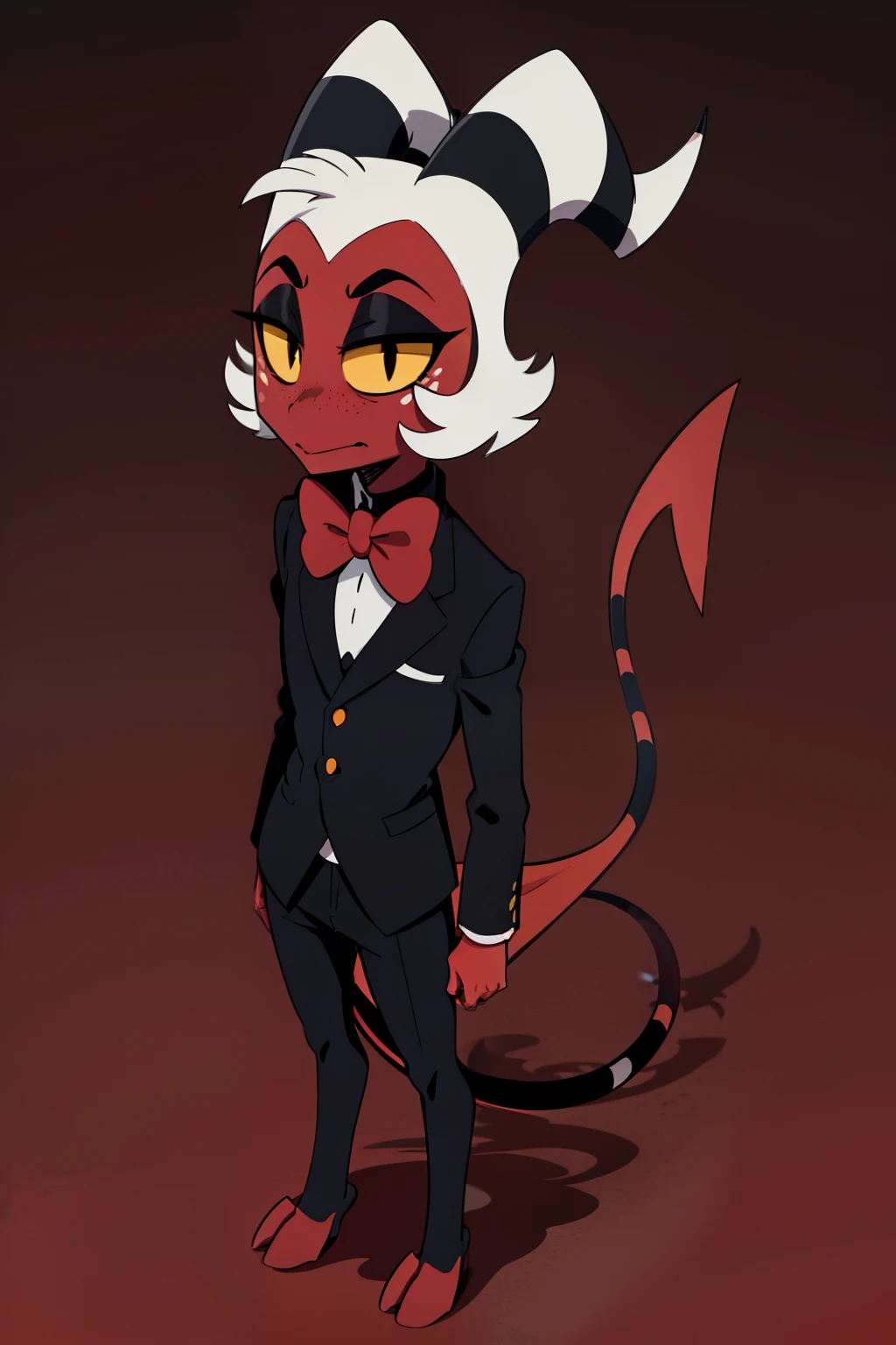 Moxxie, 1boy, black suit, black pants, red bow tie, demon boy, red skin, yellow eyes, yellow sclera, white hair, demon horns, demon/spade tail, striped tail, red/black eyeshadow, white freckles, red/black hooves, perfect anatomy, solo