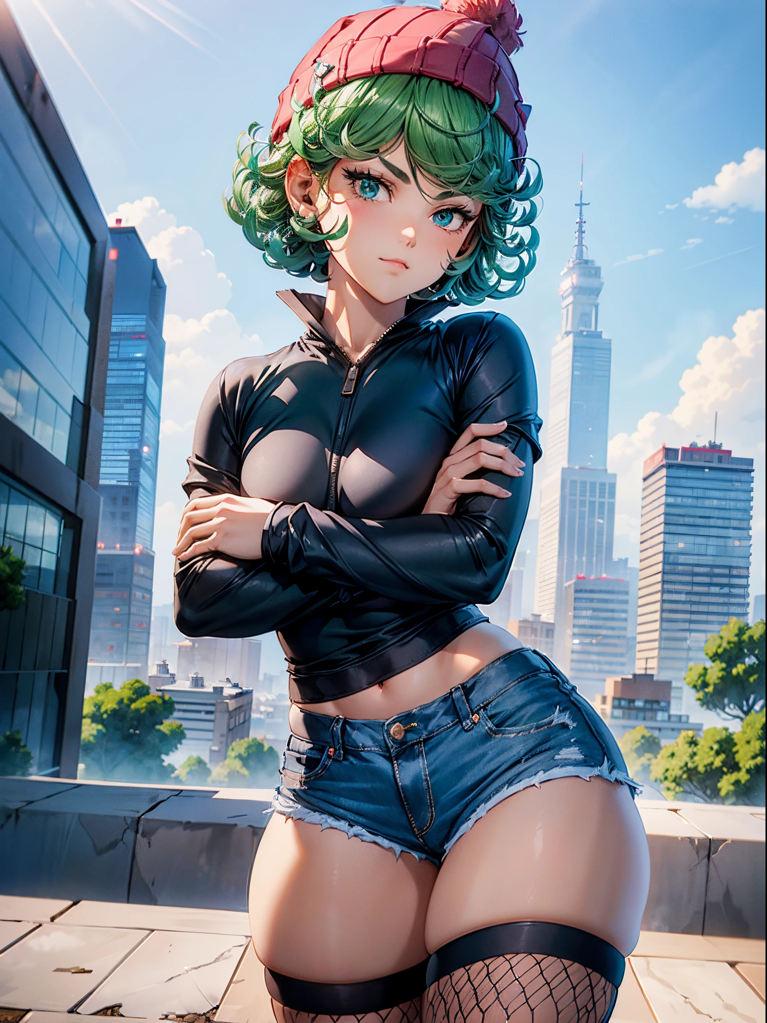 1girl, short green hair, ((white shirt, beanie, denim shorts, fishnets thighhighs, standing, crossed arms, thighs focus, smug, in a avenue)), curvy figure, overlooking city, blush, day 

BREAK 

(((Masterpiece))), ((Highly detailed character)), ((perfect eyes)), ((perfect face)), ((best quality)), ((perfect hands)), high resolution, highly detailed image, thick thighs 

BREAK 

Beautiful background, volumetric lighting,