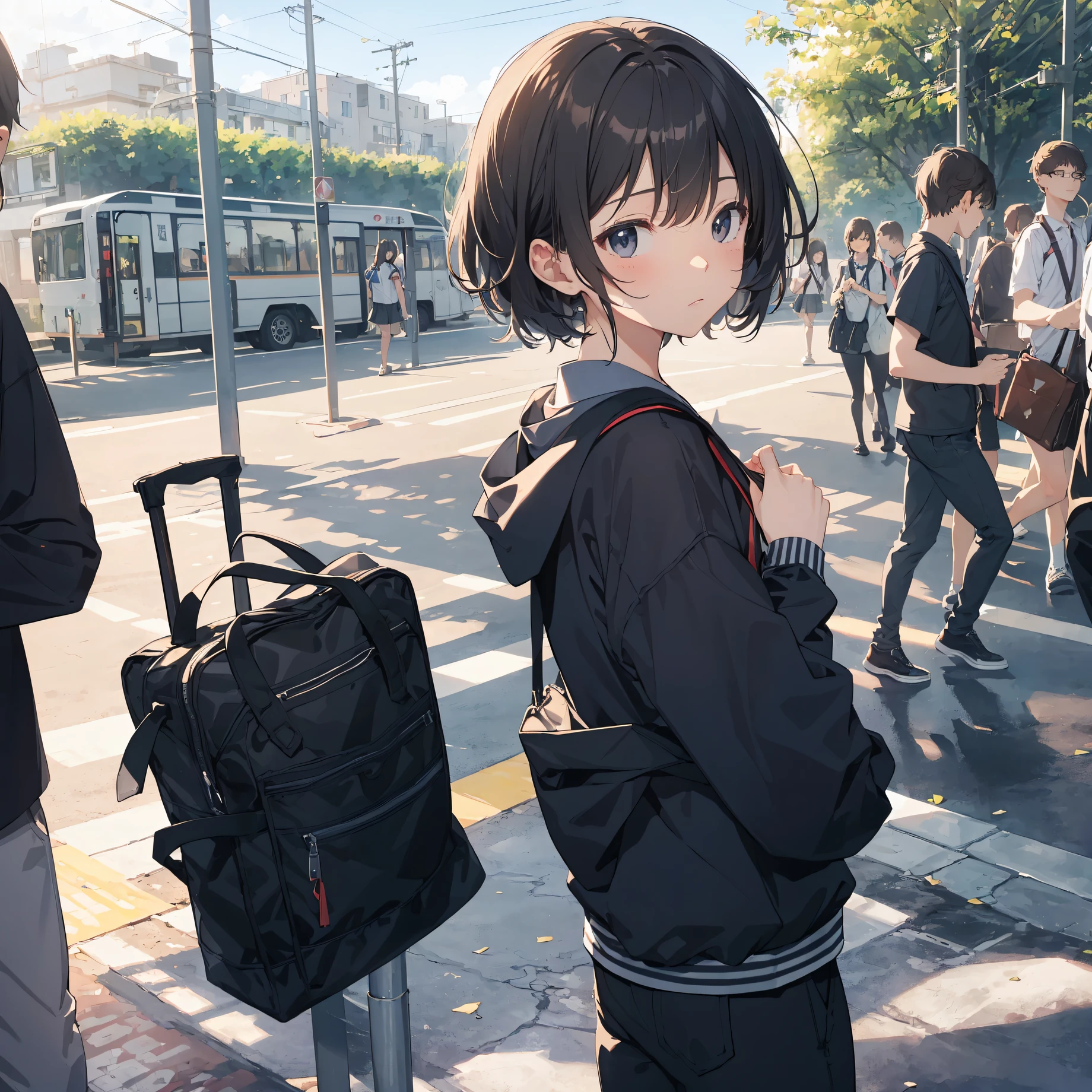 god quality, Extremely detailed, anime moe artstyle,best anime 8k konachan wallpaper,(Please draw a girl walking sleepily to school. :1.3),break, 1girl, (Solo, face, 13-yr-o.5),anior high s complete fingers,(Very Short hair), androgynous charm, flat chest, Small butt, groin, Small eyes,beatiful detailed black eyes, disgusted eyes, school Uniform, in the School commute route. break,8K, 超A high resolution, Official art, Illustration,