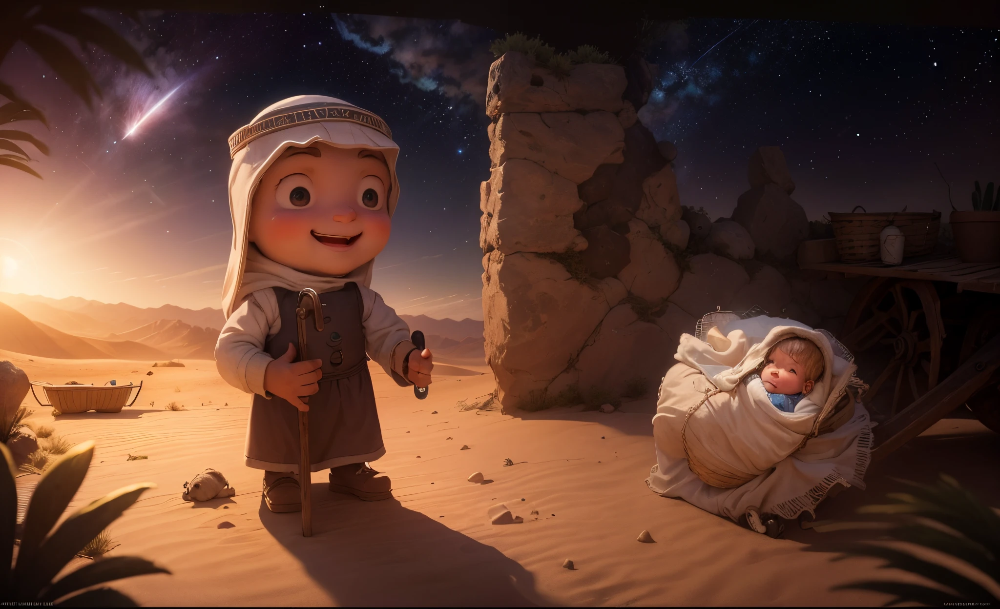Little sheepherder in the desert looking happily at a baby beaming light from inside a basket resting on an old cart , in the background a stone wall with the desert with palm trees and the dark sky full of stars and a comet crossing the sky