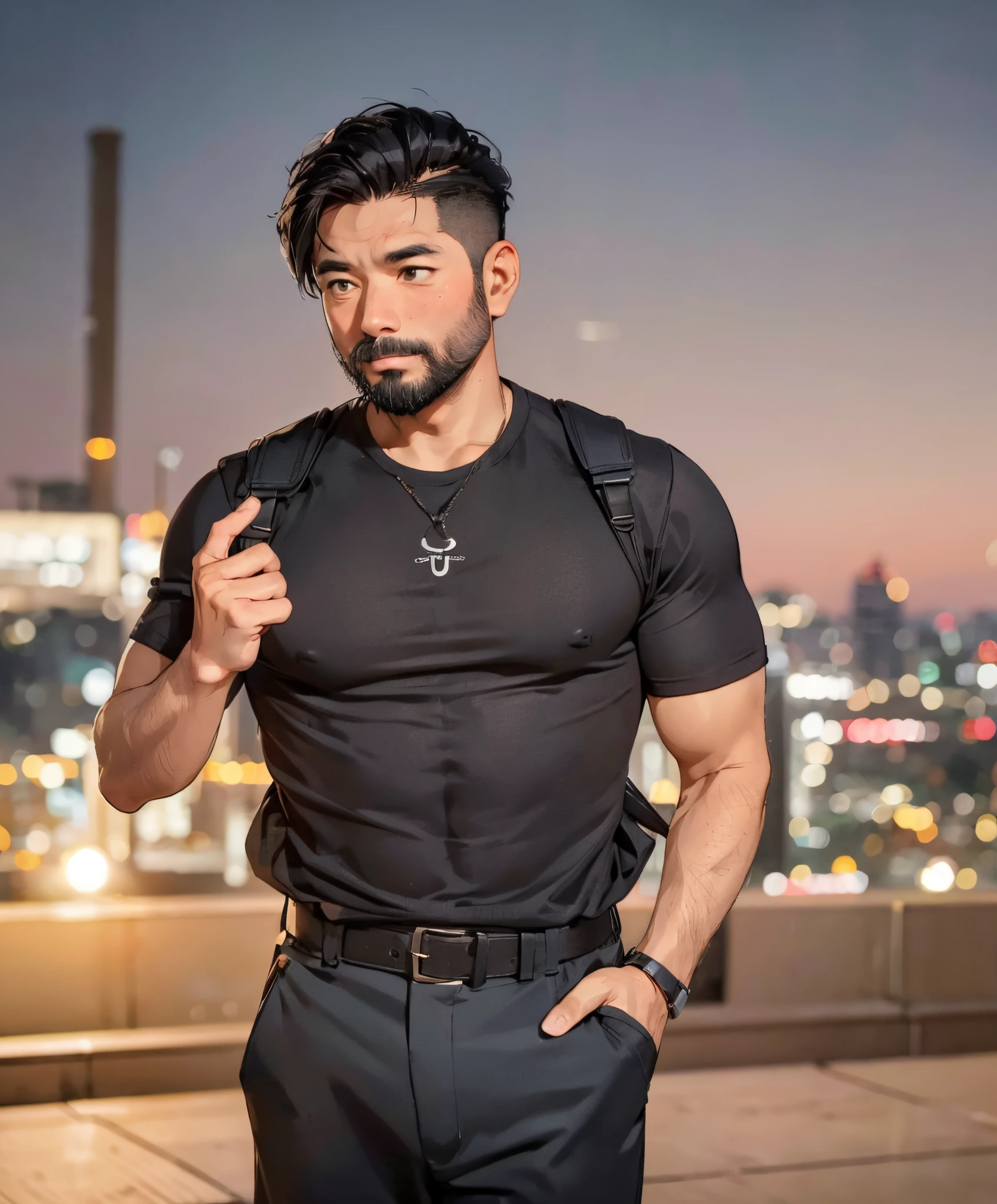 an Asian, homem de 38 anos de idade, 1,78 de altura, black messy medium length hair, olhos castanhos escuros, olheiras marcantes, uma barba rala por fazer, sobretudo longo e preto, military training pants, city at night, fantasia, manoplas.