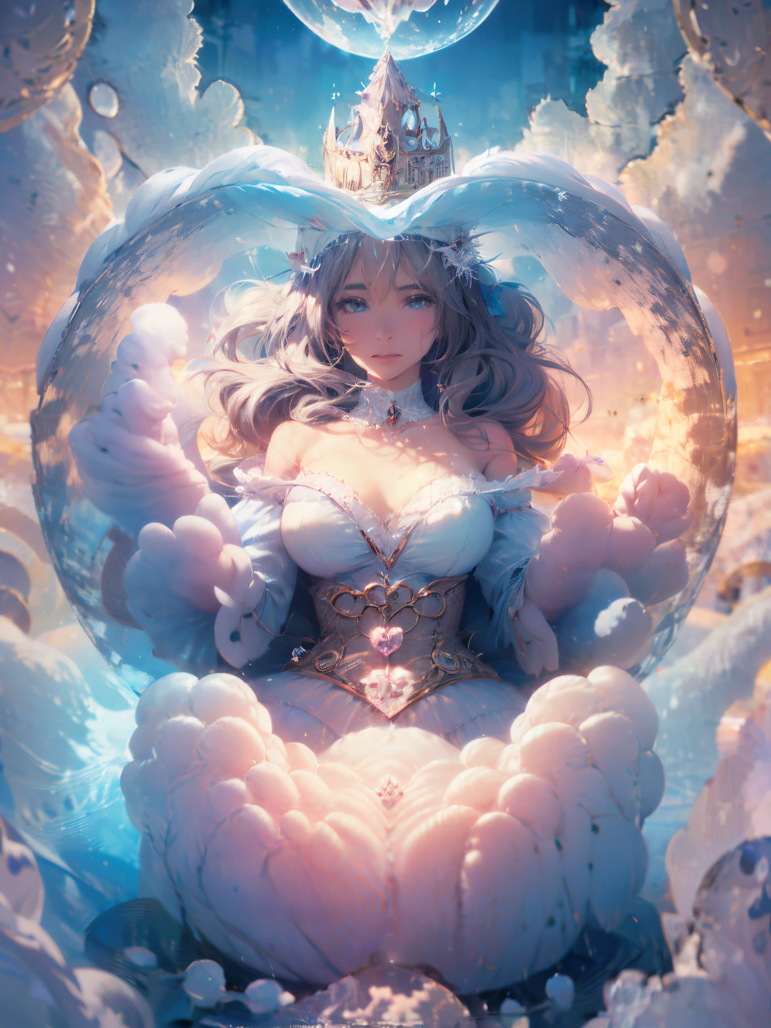 In a heart-shaped bubble, resides the beautiful and elegant Cotton Candy Queen, a goddess of ethereal beauty. The scene is rendered in an ultra-realistic 8k resolution with intricate details that bring the image to life. The Cotton Candy Queen lives within the frozen confines of the heart-shaped bubble, surrounded by a mesmerizing display of fluffy clouds and the serene Swan Lake. The bubble itself is a whimsical place, resembling a majestic castle with intricate architecture and enchanting decorations.
The entire composition is bathed in a surreal light, casting soft and gentle hues to enhance the dreamlike atmosphere. The colors radiate vibrant energy, creating a captivating visual experience. The lighting is expertly designed, mimicking the rays of the sun peering through a cloudy sky, casting soft shadows and adding depth to the image.
The Cotton Candy Queen, as the main focus of the scene, is exquisitely depicted with astonishing attention to detail. Her captivating eyes are filled with depth and beauty, delicately outlined with long, fluttering eyelashes. Her lips are equally enchanting, exuding a subtle touch of allure. Every intricate facet of her face is meticulously captured, showcasing the mastery of the artist's vision.
The medium used to create this artwork is a combination of digital rendering and computer programming, resulting in a complex visual representation. The 8k resolution allows for an incredibly high level of detail, capturing even the smallest nuances and intricacies with precision. The symbolism embedded within the image adds depth and meaning, showcasing the profound artistry behind the creation.
The entire composition evokes a sense of wonder and dreamscape, transporting the viewer to a world filled with beauty, elegance, and enchantment. The fine details, realistic rendering, and vibrant colors combine to create a masterpiece that mesmerizes the senses and leaves a lasting impression. It is a visual representation that transcends reality, capturing the essence of the Cotton Candy Queen and all her ethereal grace.
