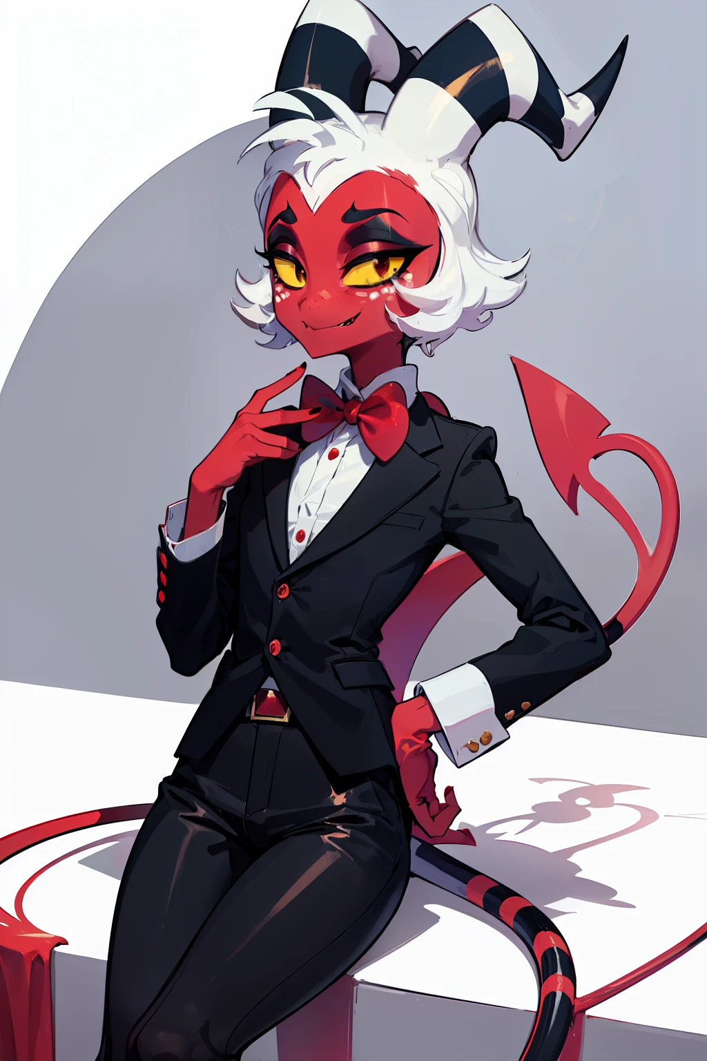 Moxxie, 1boy, black suit, black pants, red bow tie, demon boy, red skin, yellow eyes, yellow sclera, white hair, demon horns, demon/spade tail, striped tail, red/black eyeshadow, white freckles, red/black hooves, perfect anatomy, solo