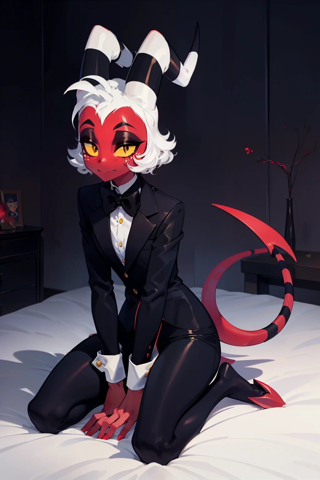 Moxxie, 1boy, black suit, black pants, red bow tie, demon boy, red skin, yellow eyes, yellow sclera, white hair, demon horns, demon/spade tail, striped tail, red/black eyeshadow, white freckles, red/black hooves, perfect anatomy, solo