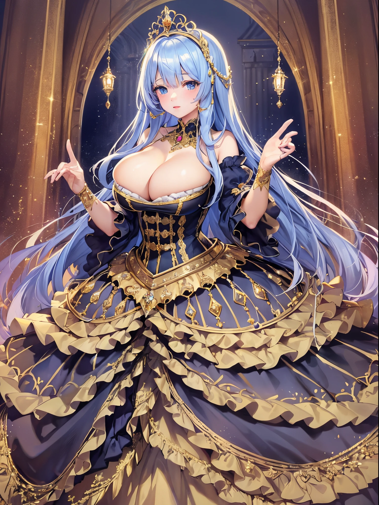 ultra-detailed, extremely detailed,((anime artstyle)),Masterpiece,(Best Quality),(Super Detail),(Very Delicate and Beautiful),((Solo)),((full body)),full body,((detailed face and eyes)),perfect eyes, rendered eyes,jewel-like beautiful eyes,((1 princess in beautiful embroidery and jeweled gorgeous rococo ballgown with frilled voluminous full length hoop skirt)),((Crinoline)),beautiful embroidery and jeweled gorgeous rococo ballgown with frilled voluminous full length hoop skirt,(large amount of straight hair,extremely voluminous Very Long straight Hair,Absolutely Long Straight Hair),((very gigantic boobs)),cleavage,(fantasy castle,outdoors,outside the castle),long_gloves,extremely gorgeousfull jeweled hair ornament,(bling-bling extremely gorgeousfull jeweled tiara),(luxurious jewelry),full body,beautiful embroidery and jeweled gorgeous rococo ballgown with frilled voluminous full length hoop skirt