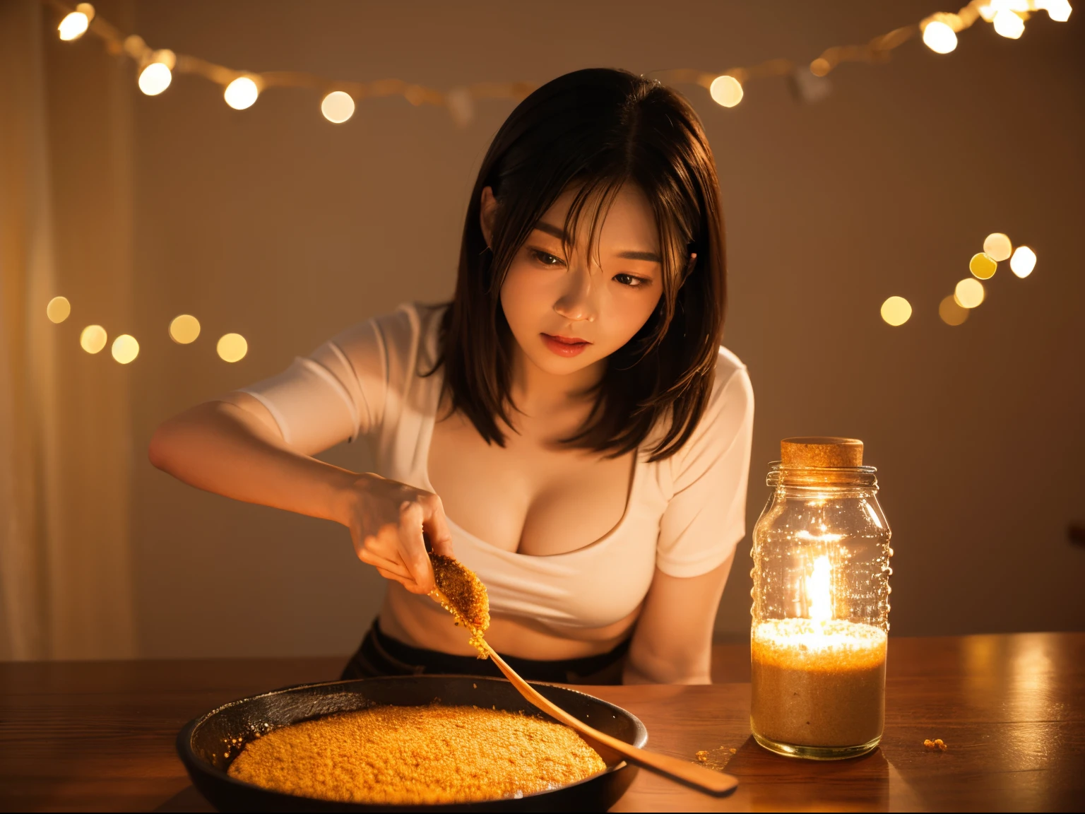 Fry the steak,Heads-up,Sprinkle seasoning,warm lights,Background bokeh