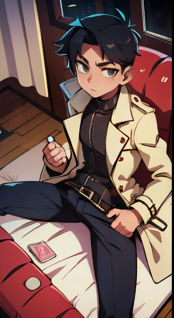 1boy, ivory trench coat, Night, Condoms scattered on the bed of a love hotel.
