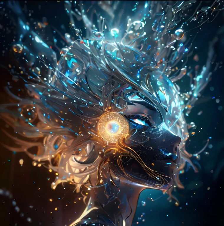 a glowing glass head and a glowing glass body, amazing particles pulling out of the glass head and body, like droplets of glass floating, 8k highly detailed digital art, intricate artwork, octane render, mind-bending digital art, breathtaking digital art, 3d digital art, 8k hd wallpaper, volumetric lighting, highly reflective glass particles