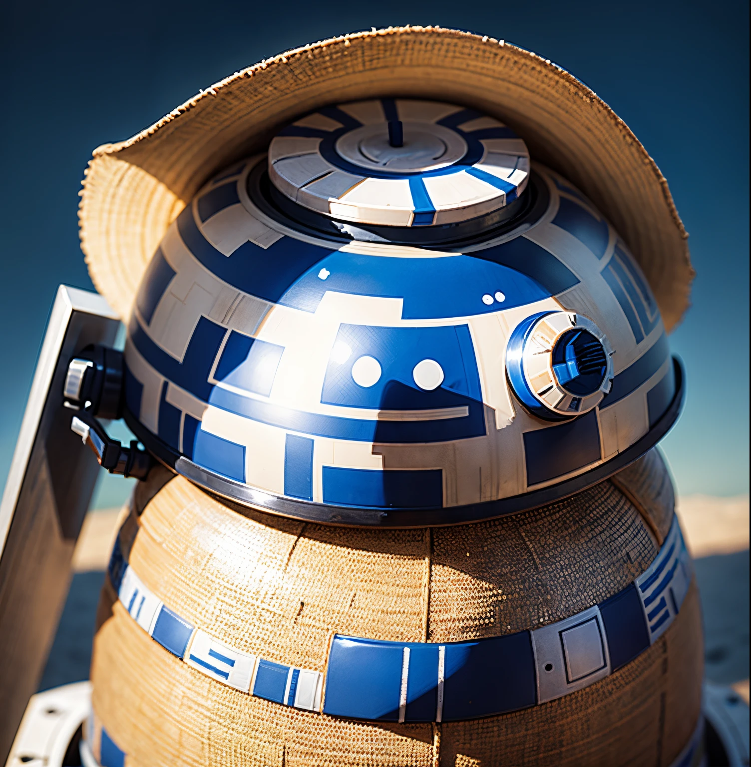 R2-d2 alone wearing a cowboy hat on his head