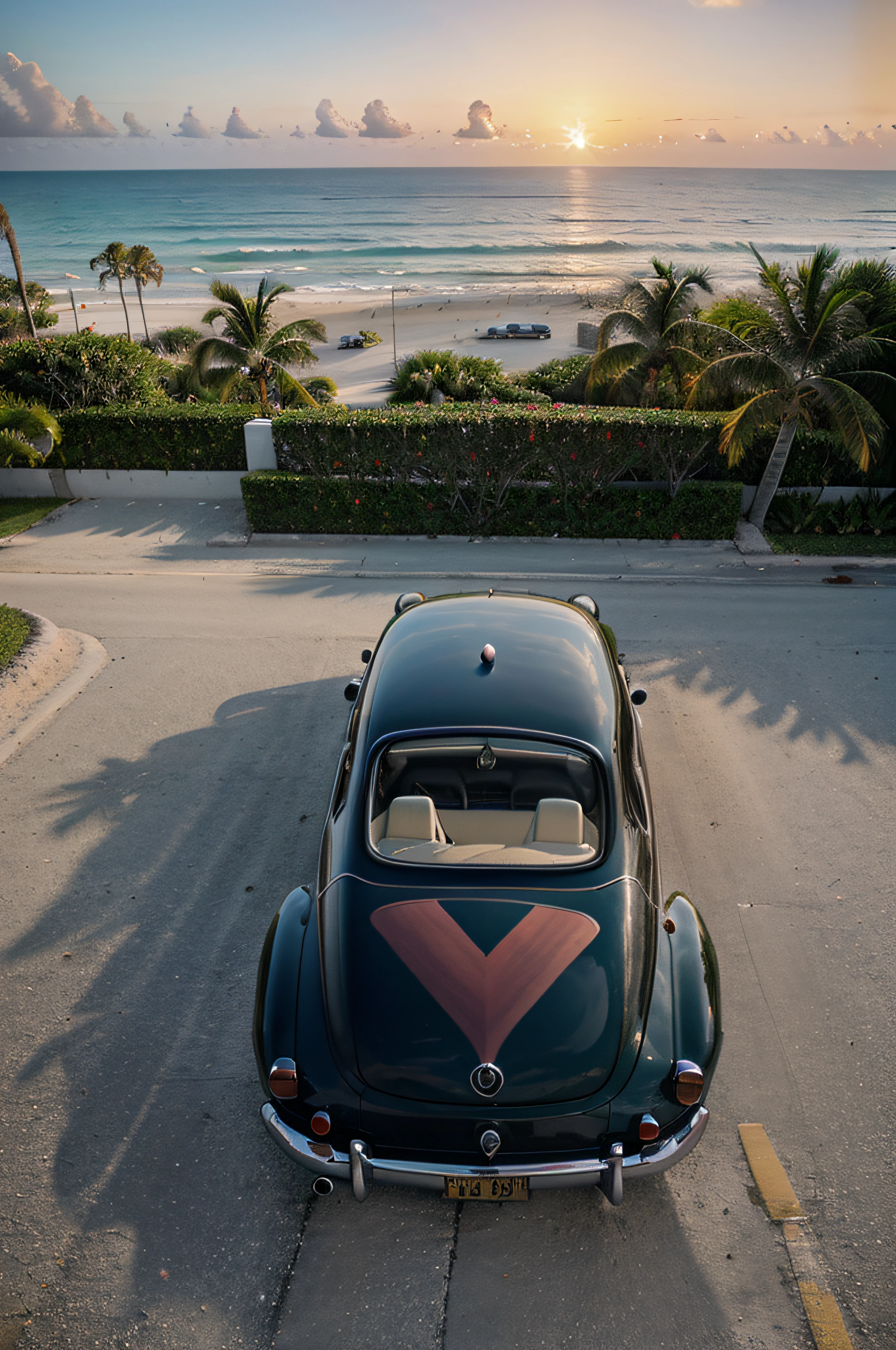 A photograph of classic cars at a beachside car meet in Miami, Florida during a colorful sunset, taken with a compact point-and-shoot camera with a panorama lens.