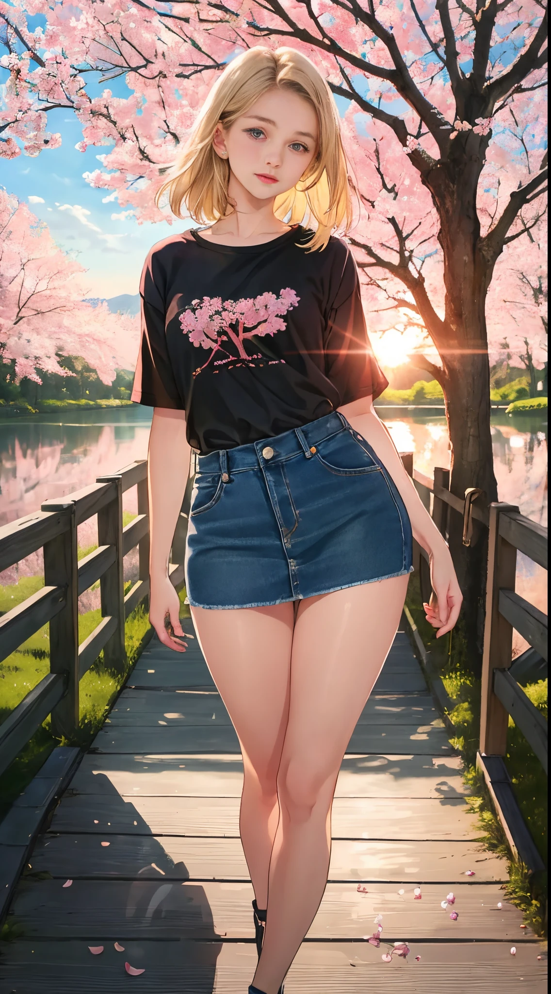 -teen, Finnish, de, small breasts, big eyes, long legs, close-up of thighs, second-skin shirt, denim skirt, park background, crossing a wooden bridge at the lake, tree, cherry blossom, sunrise sunlight, light through fabric, (realistic, photorealistic: 1.37), specular light, ray tracing, HDR
