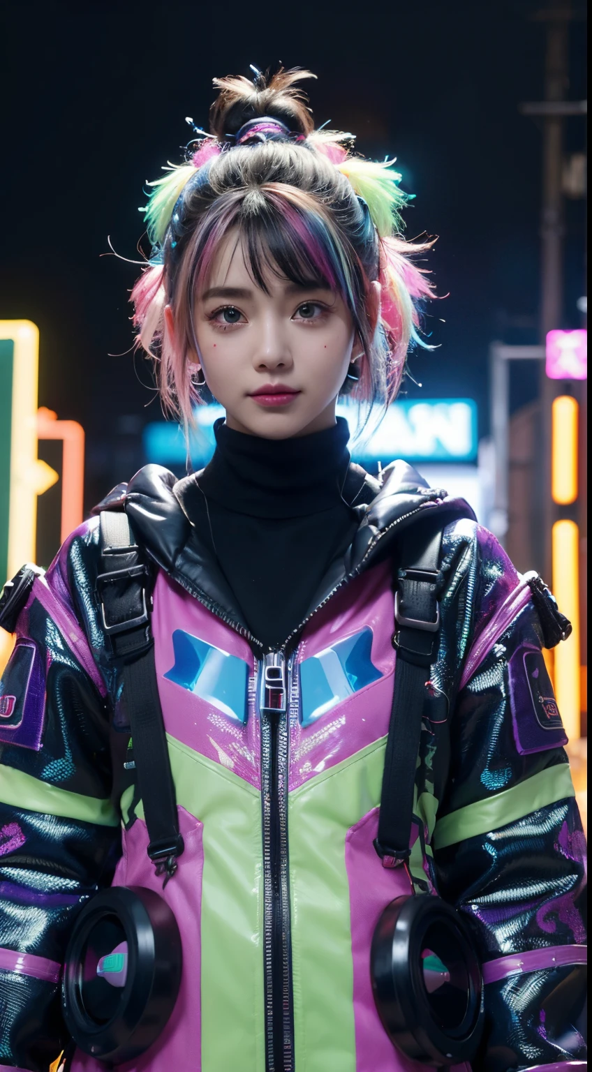 nai ((cyberpunked)),Optical camouflage、VR Goggles、Neon light、City of the Future、Glowing jumpsuit、(1girl in, Solo:1.6),(Cute smile),(Clothes are simple), (Best Impact:1.5), (maximalism:1.7), Vivid contrast, (Realistic), hyperrealistic illustrations, hight resolution, ultra-detailliert, absurderes,(Fractal Art:1.3)、Random hairstyle、Random hair color colorful、FULL BODYSHOT、Retro、Precise focus、randome pose、cinema4d、Drama