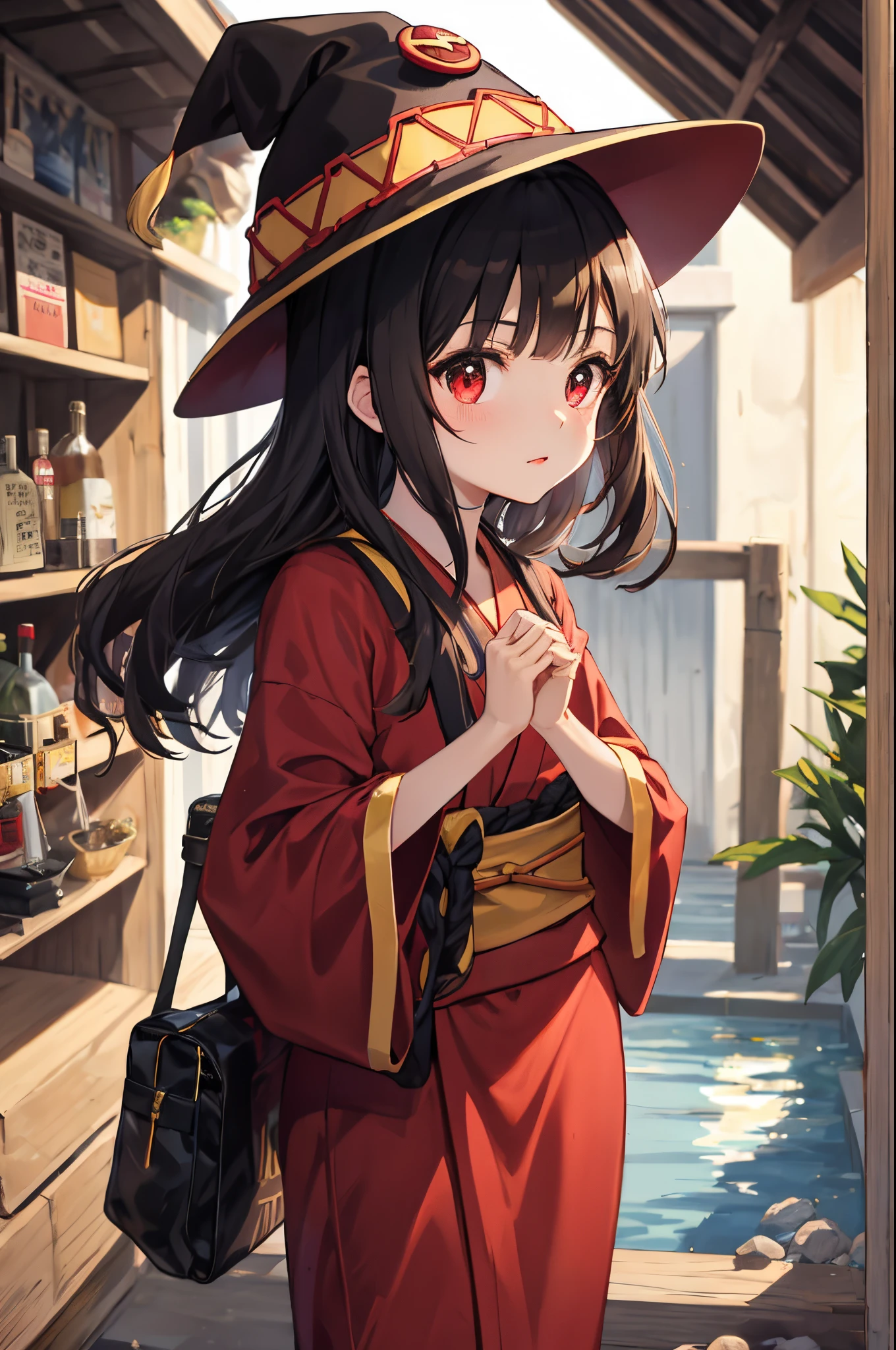 1 menina Megumin vermelha deitada na banheira em yukata, detalhes do rosto, HUD, charmoso, rosto bonito, red eyes, cabelos curtos, cabelos castanhos, pernas nuas, melhor qualidade, fundo complexo, banheiro, luz solar da janela brilhando no banheiro, sparkling water, reflexo de luz e sombra,