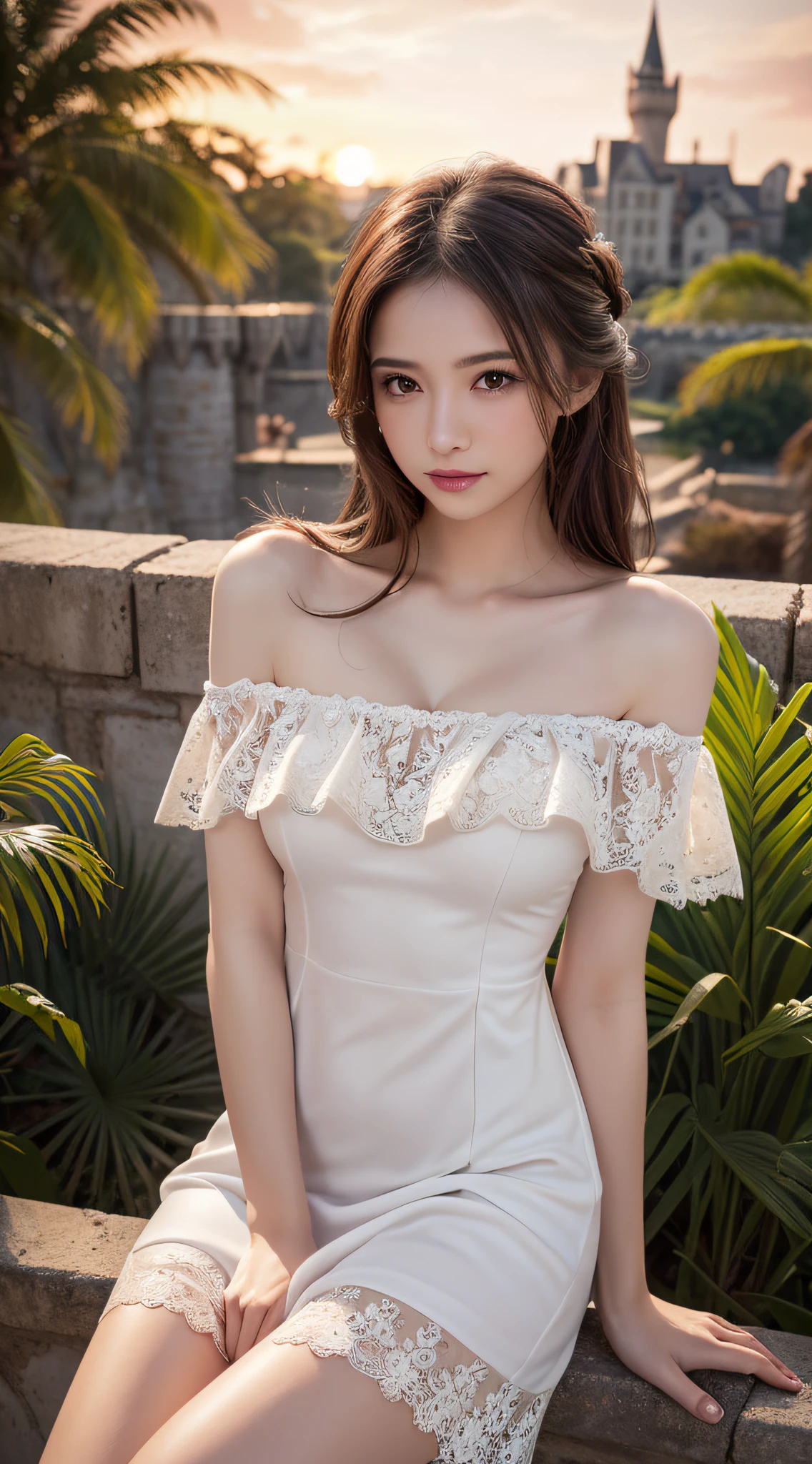 (Best Quality:1.4), (hyper quality), (Ultra-detailed), 1 beautiful girl, Extremely cute, Amazing face and eyes, (beautiful lace gorgeous off shoulder dress:1.5), (beautiful breasts:1.1), (slender body:1.1), Authentic skin texture, bright and shiny lips, Beautiful Goddess Advent, (sitting, legs spread, pubick hair, cameltoe details:1.2), Beautiful background, Golden ratio, conceptual art, Super Detail, ccurate, high details, Anatomically correct, Outdoors, Beautiful jungle, (Giant Castle:1.5), cutting edge, Sexy Art, Open your legs, Surrounded by beautiful sunsets, dazzling lights, Super delicate illustration details, Highly detailed CG integrated 8k wallpapers, RAW Photos, professional photograpy, Cinematic lighting, Super gorgeous illustrations, depth, depth of field, (View from below)