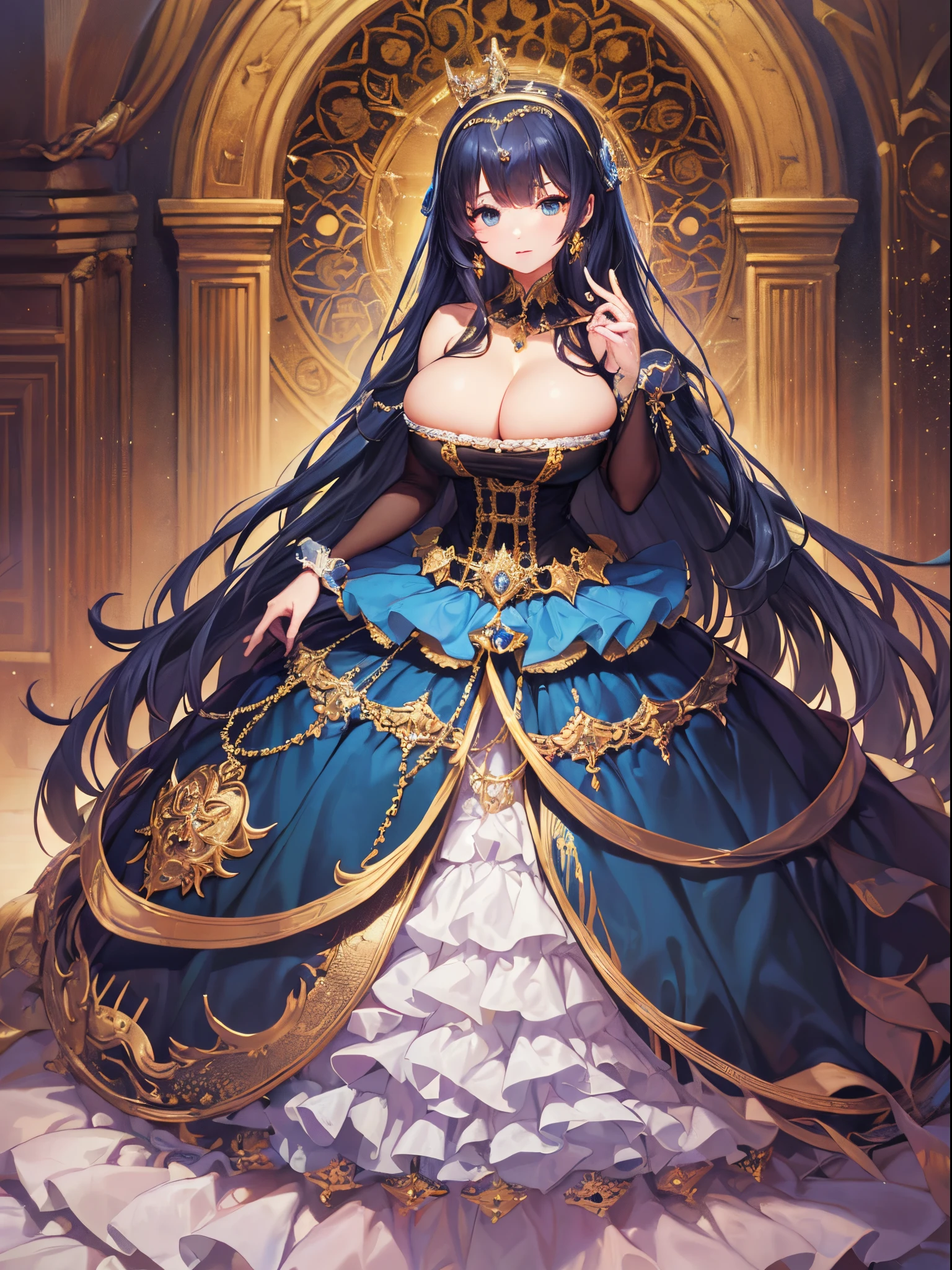 ultra-detailed, extremely detailed,((anime artstyle)),Masterpiece,(Best Quality),(Super Detail),(Very Delicate and Beautiful),((Solo)),((full body)),full body,((detailed face and eyes)),perfect eyes, rendered eyes,jewel-like beautiful eyes,((1 princess in beautiful embroidery and jeweled gorgeous rococo ballgown with frilled voluminous full length hoop skirt)),((Crinoline)),beautiful embroidery and jeweled gorgeous rococo ballgown with frilled voluminous full length hoop skirt,(large amount of straight hair,extremely voluminous Very Long straight Hair,Absolutely Long Straight Hair),(((very gigantic boobs))),cleavage,(fantasy castle,outdoors,outside the castle),long_gloves,extremely gorgeousfull jeweled hair ornament,(bling-bling extremely gorgeousfull jeweled tiara),(luxurious jewelry),full body,beautiful embroidery and jeweled gorgeous rococo ballgown with frilled voluminous full length hoop skirt