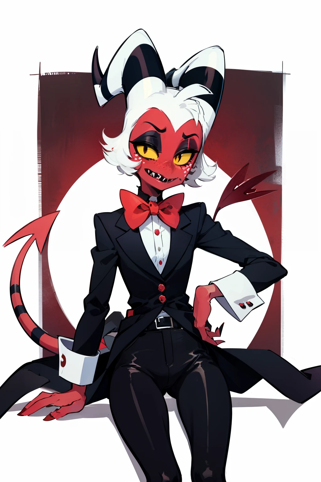 Moxxie, 1boy, black suit, black pants, red bow tie, demon boy, red skin, yellow eyes, yellow sclera, white hair, demon horns, demon/spade tail, striped tail, red/black eyeshadow, white freckles, red/black hooves, sharp teeth, perfect anatomy, solo