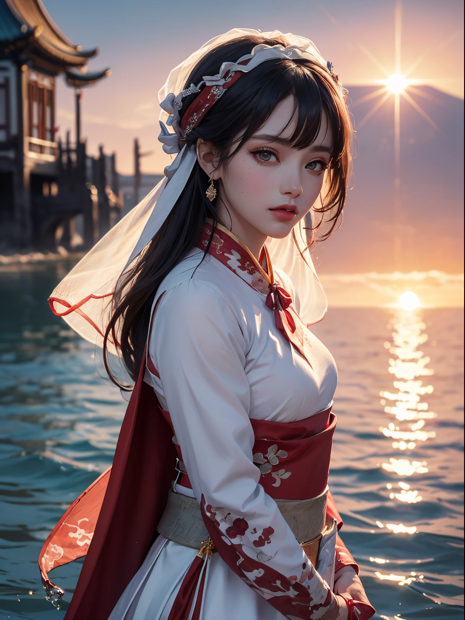 Unbeatable masterpiece, ultra real photo , Perfect artwork , Complicated details , Best quality at best , strong lights , hight contrast , dynamicposes , holland angle , (bblurry, depth of fields, blurryforeground:1.35) ,(Beautiful Meticulous Girl) , Beautiful and detailed light , Detailed ice , Beautiful and delicate water , (beautidful eyes) , (floatingpalaces) , Azure hair , Unkheveled hair , With long bangs , (azure dress) , black ribbon , white bowties , big forehead , Looking directly at , Flowers , Large upper sleeves , (collage 1.5) , (Eyes for details) , Detailed pubic hair , (Depth field) , vampire girl , beautiful dark purple hair , (1 girl :1.5) , ((Beautiful butterflies in detail)) , (black halterneck dress :1.3) , (((Alone))) , ((song style outfits)) , terror (((((red color Hanfu))))) , (longer sleeves) , (Red bandana) , (Crimson) , (((Bridal outfit))) , (((the bride))) , ((Weddings)) , (hair curled in water) , (blue backdrop:1.3) , (Background of details) , (Beautiful details of the starry sky) , (dark mist) , Perfect details , Beautifully gorgeous necklace , Real and detailed faces , High exposure , Bright light , Colored pupil details , (extreme light) , Movie Angle , Purple rose frame , color difference (Broken mirror :0.7) , Armin Hansen , chineseidol , white skinned , cowboys_shooting, self-shot ,(((Red bandana))) , (starlights,the sunset , lens flare glow:1.25) ,