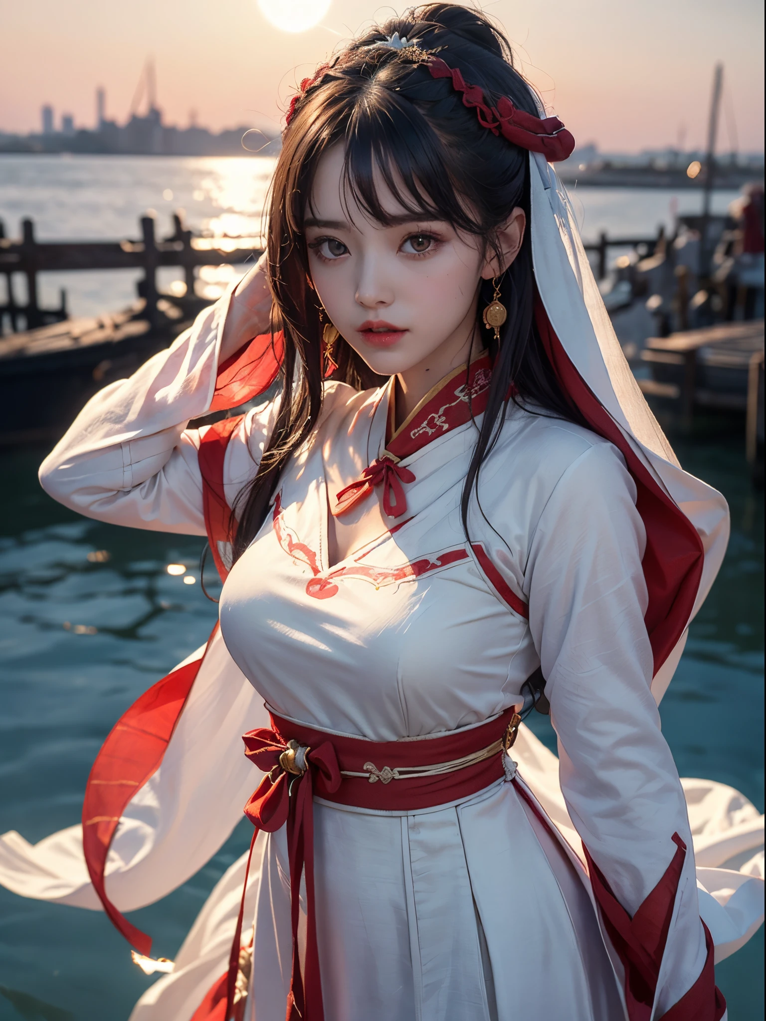 Beautiful detailed woman,very detailed eyes and faces, A detailed eye, ultra - detailed, A high resolution, The is very detailed,best qualtiy,illustratio,unified,8k 壁纸,tmasterpiece,best qualtiy,1girll, ChineseGirl，Chinese looks，full bodyesbian，flowing robe，Super beautiful face, super beautiful eye,Flowing hair， Shawl hair，Simple hair accessories，full bodyesbian，Plain white dress，long yarn，Beautiful picture，snowy day，snowfield，clubs，See plum blossoms in the snow，enjoying，gentleness，Casual pose