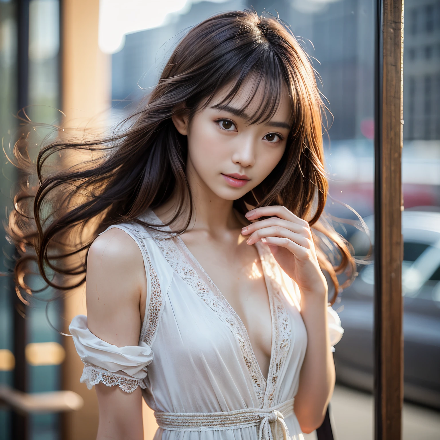 (Best quality, Ultra detailed, Golden ratio, Masterpiece:1.2), Theatrical lighting:0.7, Photo of a girl, dressed in a very elegant and pretty dress, Perfect rare face, (Highly detailed skin), long black hair, bangs hair、Ridicule, skin texture, Pale skin, shiny skin, (thin, large size:1.2), [:(Sharp focus on rare face, perfect eyes:1.2):0.2], photorealistic, film grain, Put one foot forward、from below looking up、looking at viewer、Emphasize the shoulders, Focus on face、Stockings、glasses、Smile with corners of mouth raised、disdainful expression, summer haze, muted colors, muted warm colors, Photo cinematic portrait of a woman dressed in a striped dress sitting by the window in the early morning, cinematic, (tilted:1.3) (on an old train) look cautious, standing under a spotlight, volumetric dust clouds, key light, backlight, soft natural lighting, photography Film grain ISO 400 30 mm lens RAW f1.8 aperture, highly detailed (analog photography:1), colors hdr, miabell4, upper body