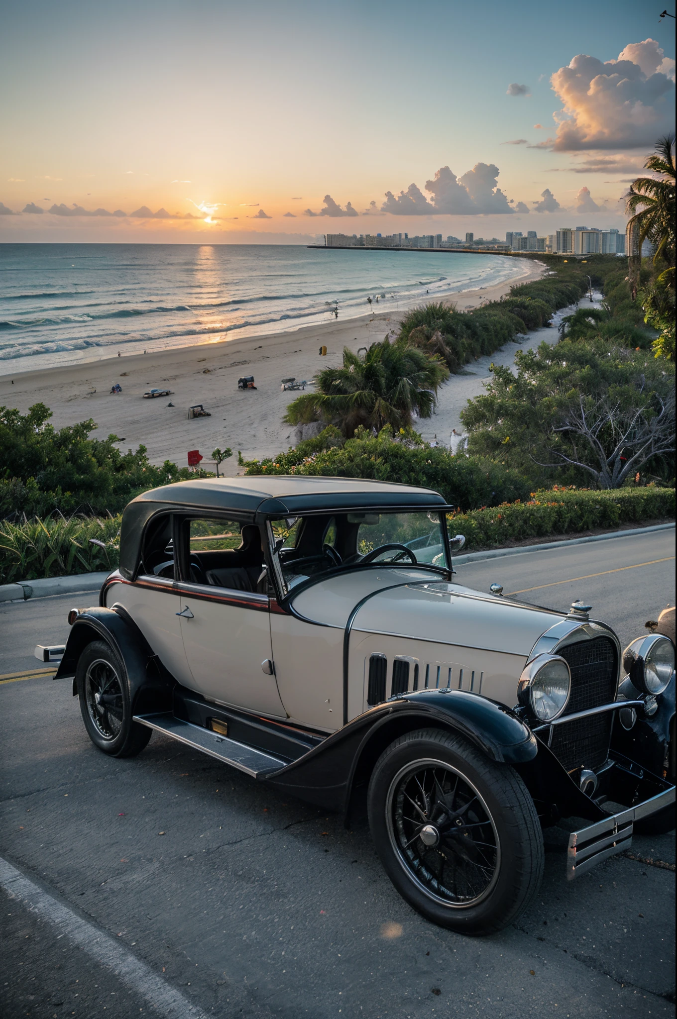 A photograph of classic 1920s vehicles at a beachside car meet in Miami, Florida during a colorful sunset, taken with a compact point-and-shoot camera with a panorama lens. vivid color