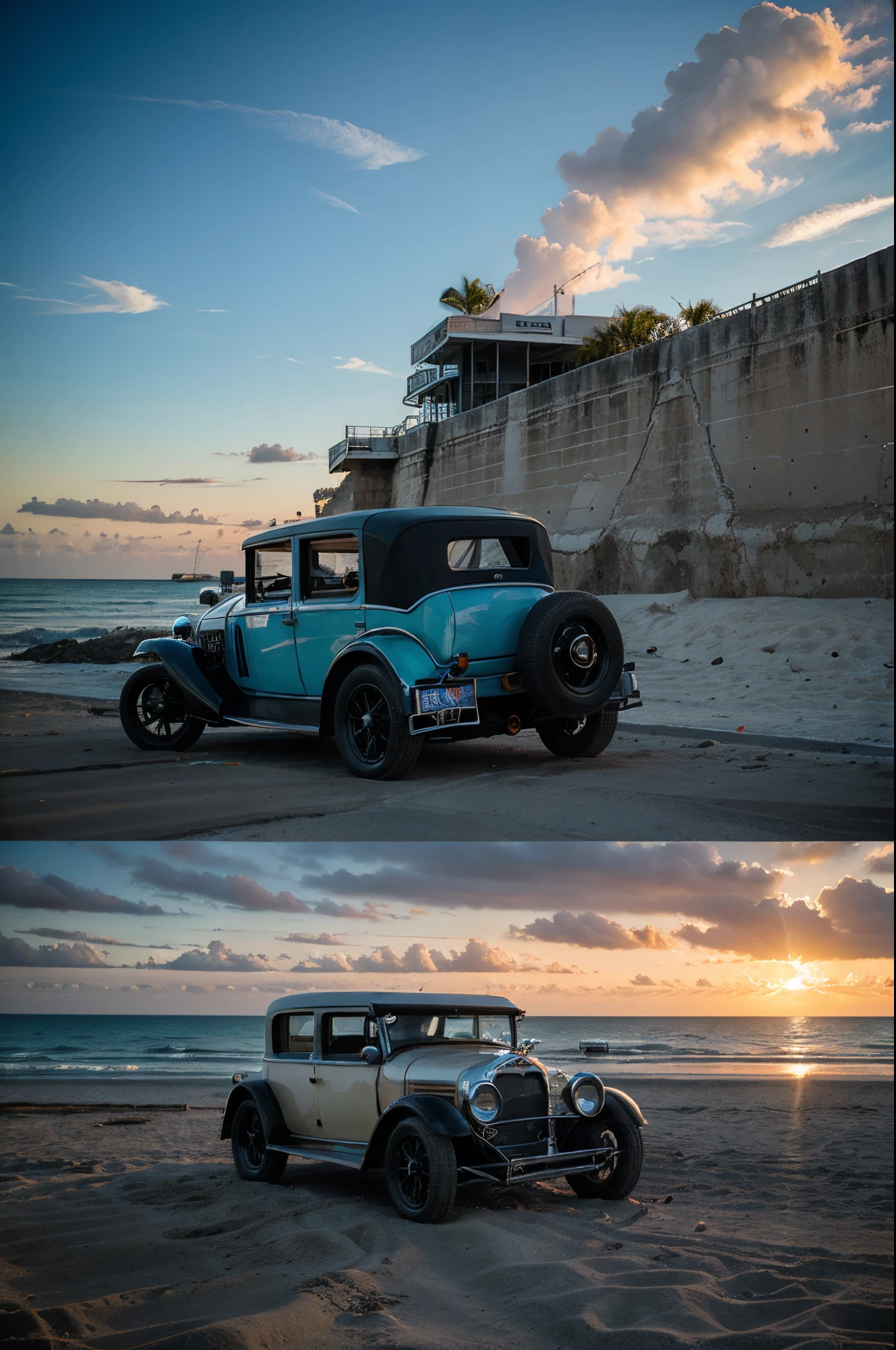 A photograph of classic 1920s vehicles at a beachside car meet in Miami, Florida during a colorful sunset, taken with a compact point-and-shoot camera with a panorama lens. vivid color