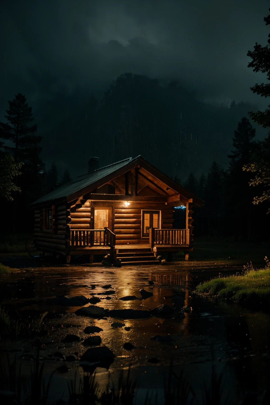 wooden cabin at night in the rain