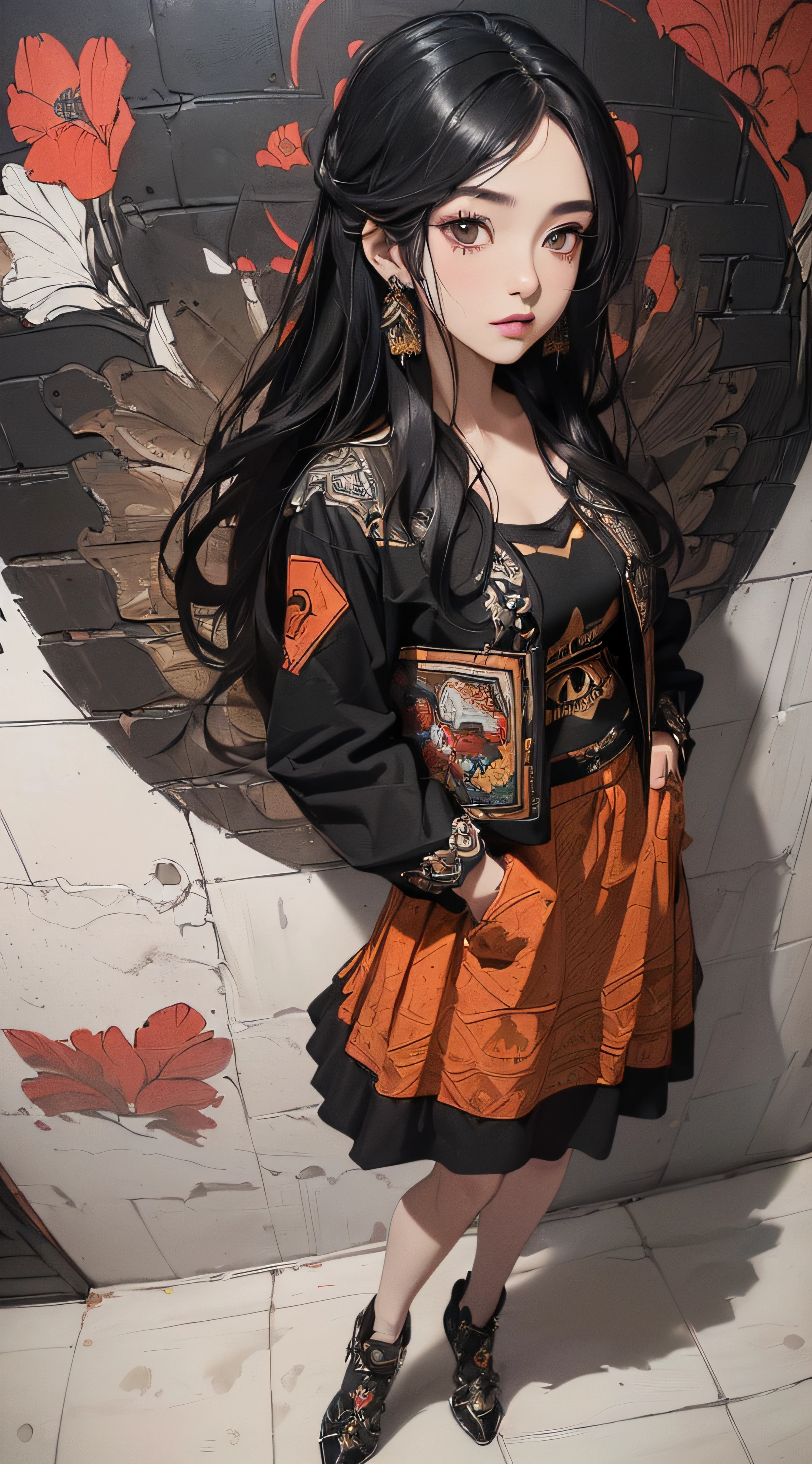 (((8k wallpaper of extremely detailed CG unit:1.2, masterpiece, hight resolution:1.2, top-quality:1.2, masutepiece))), ((a very beautiful woman, Hands in pockets:1.8, Grunge Fashion:1.2, Wearing a blouson:1.2, Wearing a long skirt, Wearing shoes)), ((extra detailed face, Highly detailed black eyes, extra detailed body, Top quality real texture skins)), (A dark-haired, length hair, de pele branca, Small:1.2), ((Colorful geometric patterns are painted all over the wall..., Colorful wall)), (high-angle:1.2, Fisheye:1.3), hyper realisitic, digitial painting,
