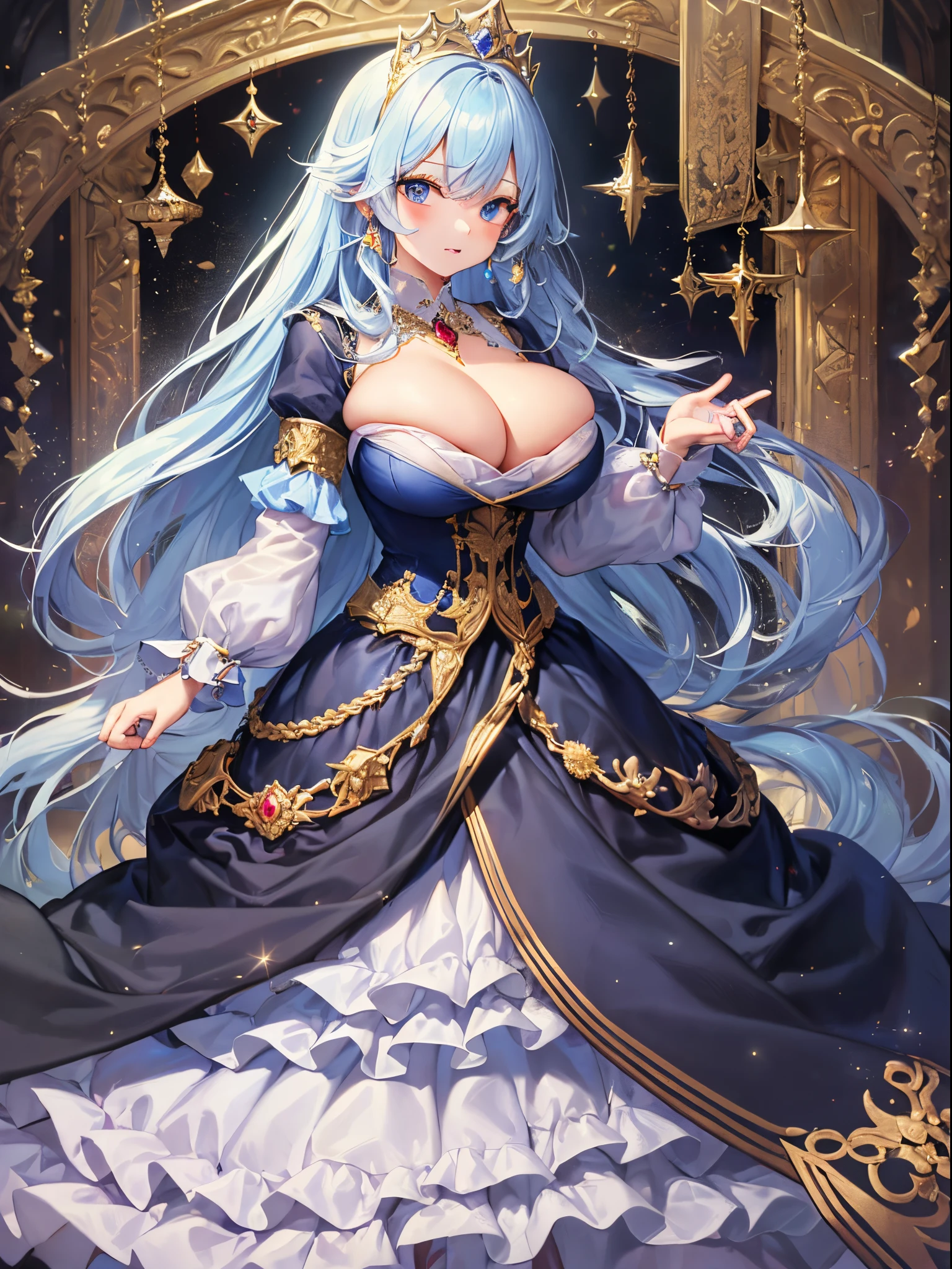 ultra-detailed, extremely detailed,((anime artstyle)),Masterpiece,(Best Quality),(Super Detail),(Very Delicate and Beautiful),((Solo)),((full body)),full body,((detailed face and eyes)),perfect eyes, rendered eyes,jewel-like beautiful eyes,((1 princess in beautiful embroidery and jeweled gorgeous rococo ballgown with frilled voluminous full length hoop skirt)),((Crinoline)),beautiful embroidery and jeweled gorgeous rococo ballgown with frilled voluminous full length hoop skirt,(large amount of straight hair,extremely voluminous Very Long straight Hair,Absolutely Long Straight Hair),(((very gigantic boobs))),cleavage,(fantasy castle,outdoors,outside the castle),long_gloves,extremely gorgeousfull jeweled hair ornament,(bling-bling extremely gorgeousfull jeweled tiara),(luxurious jewelry),full body,beautiful embroidery and jeweled gorgeous rococo ballgown with frilled voluminous full length hoop skirt