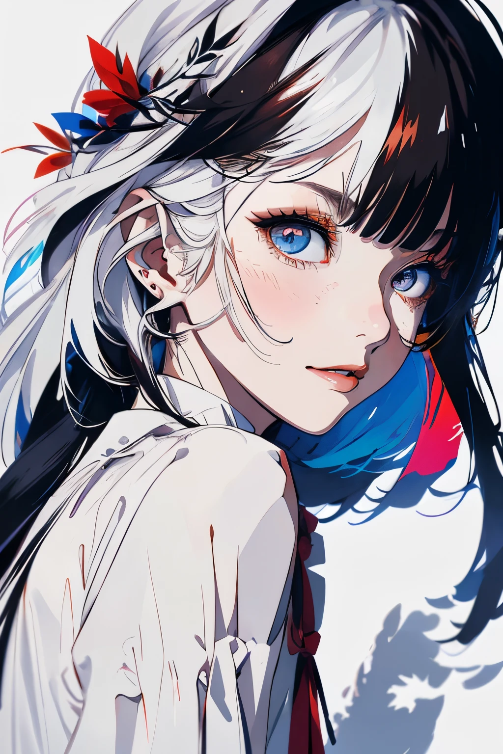 , (masterpiece:1.2), best quality,midjourney,
1girl, solo, long hair, white hair, looking at viewer, long sleeves, black dress, dress, own hands together, ahoge, very long hair, shirt, bangs, red hair, hair ornament, heterochromia, multicolored hair, pointy ears, purple eyes, white background, white shirt, closed mouth