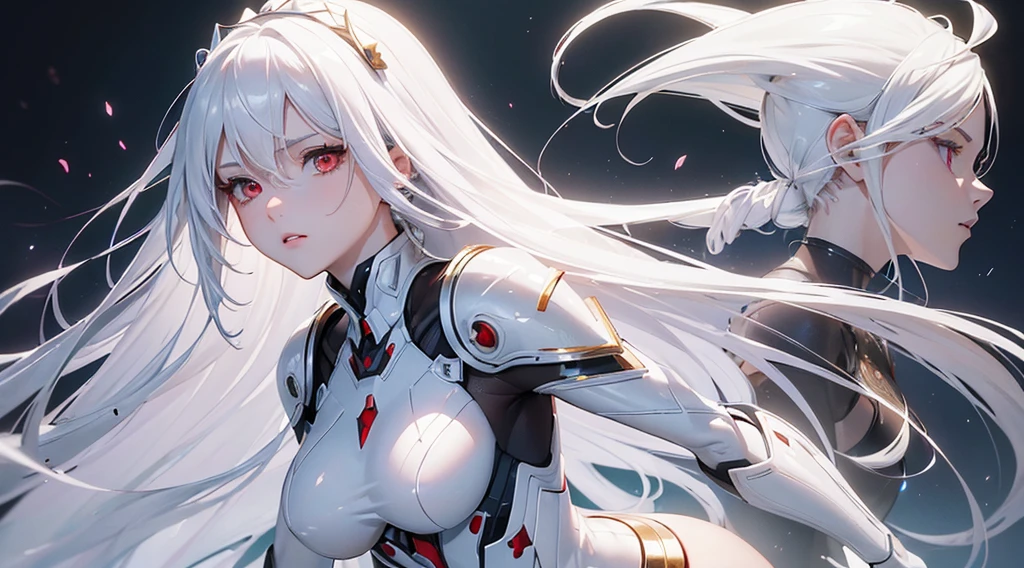 ((masterpiece:1.4, best quality:1.2)), 1girl, solo focus, tall female, delicate face, stern expression, extremely detailed anime face and eyes, beautiful white armor, hourglass figure, white hair, gradient hair, very long hair, red eyes, glowing eyes, cyberwear on face, holding plasma katana, striking, futuristic setting, white background, profile,