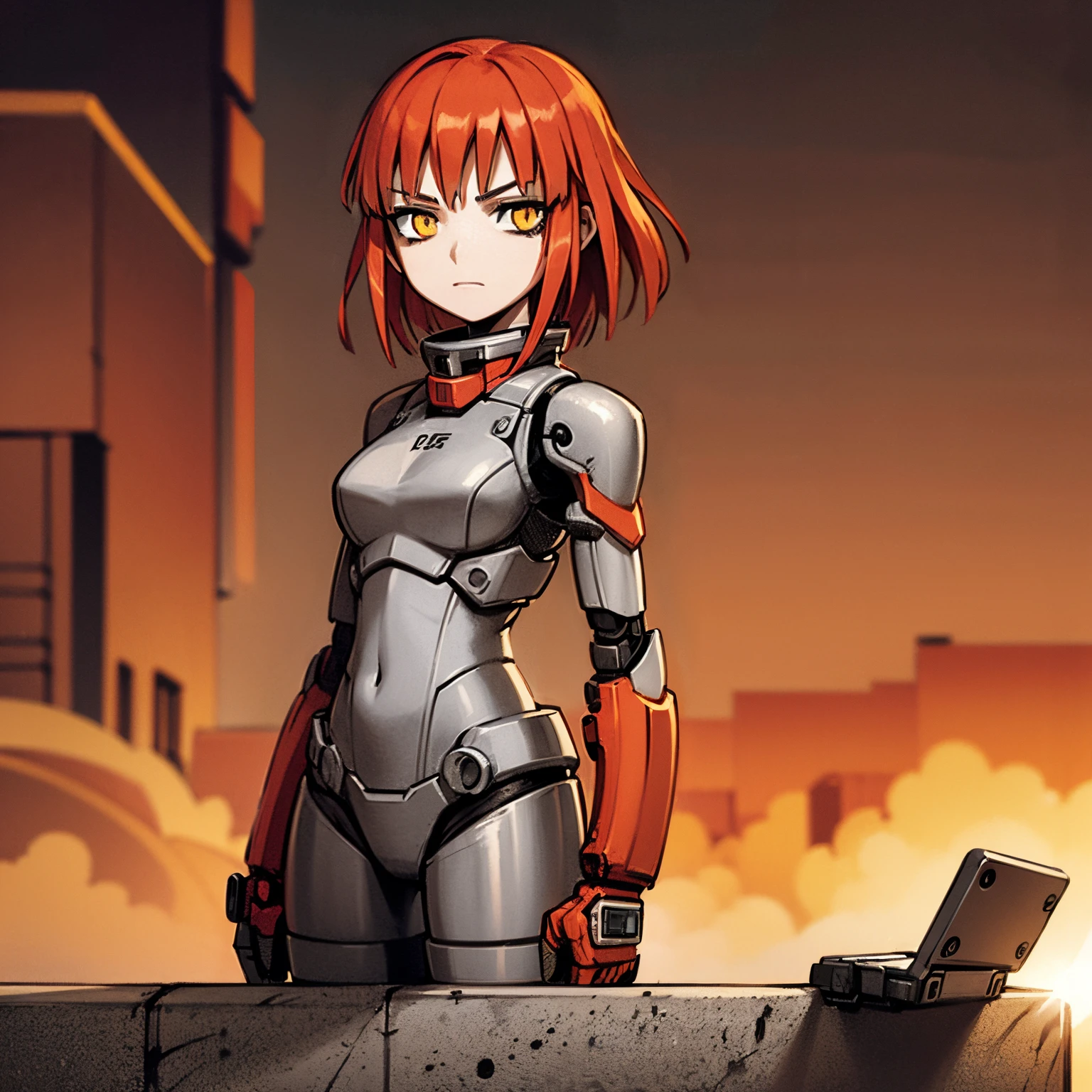 1Girl, red hair, medium hair, yellow eyes, robot girl, mecha girl, red metal armor, floating the sky, robot floating, sunset, orange sky, 4k, masterpiece, HD