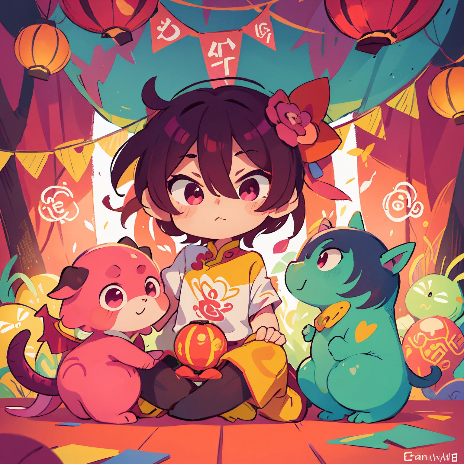 an image of a colorful dragonwith different cartoon stickers on it, in the styleof qiu shengxian, bright colors, bold shapes, darkwhite and light magenta, graffiti-like lettering,charming character illustrations, rough-edged 2danimation, carnivalcore，Spring festival, lanterns, red packets,