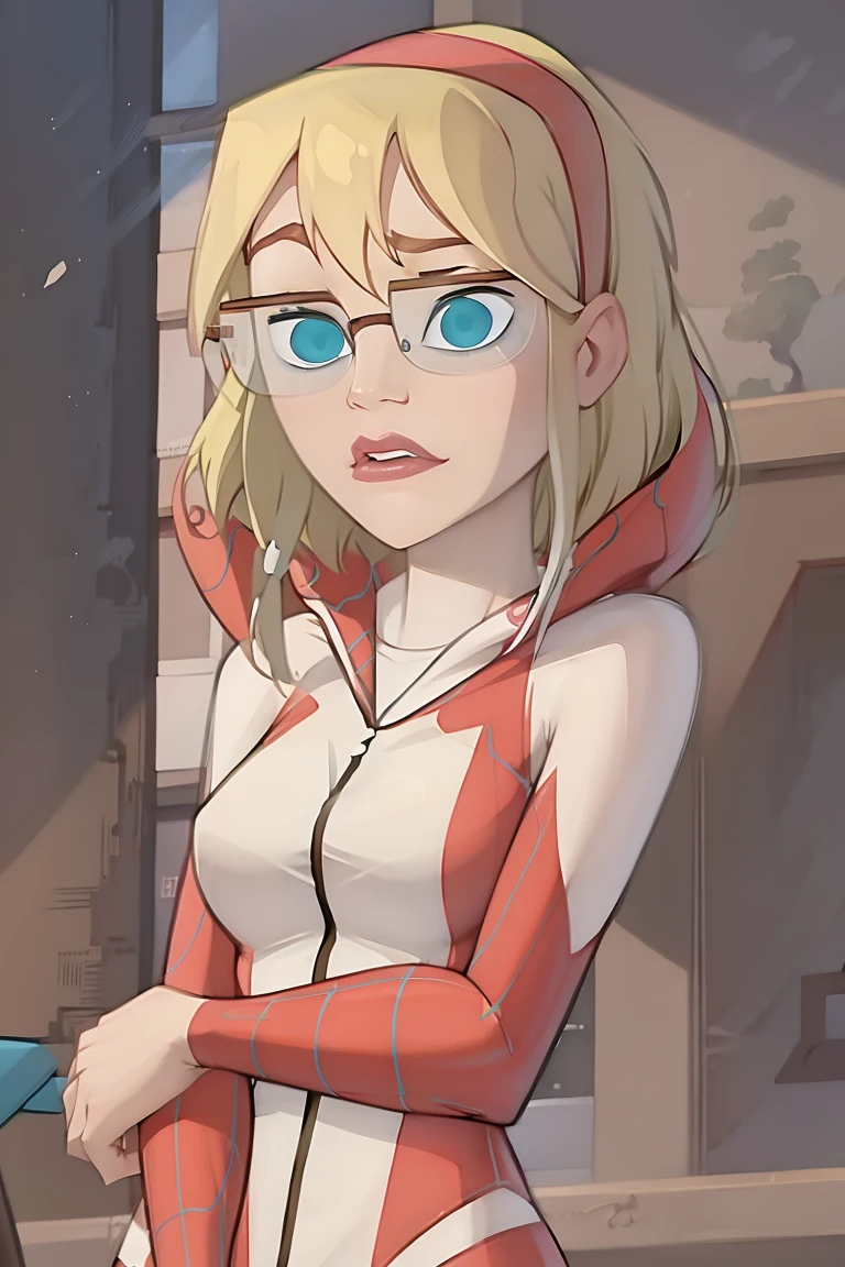 Gwen wearing Spidergwen costume, Spidergwen costume, glasses