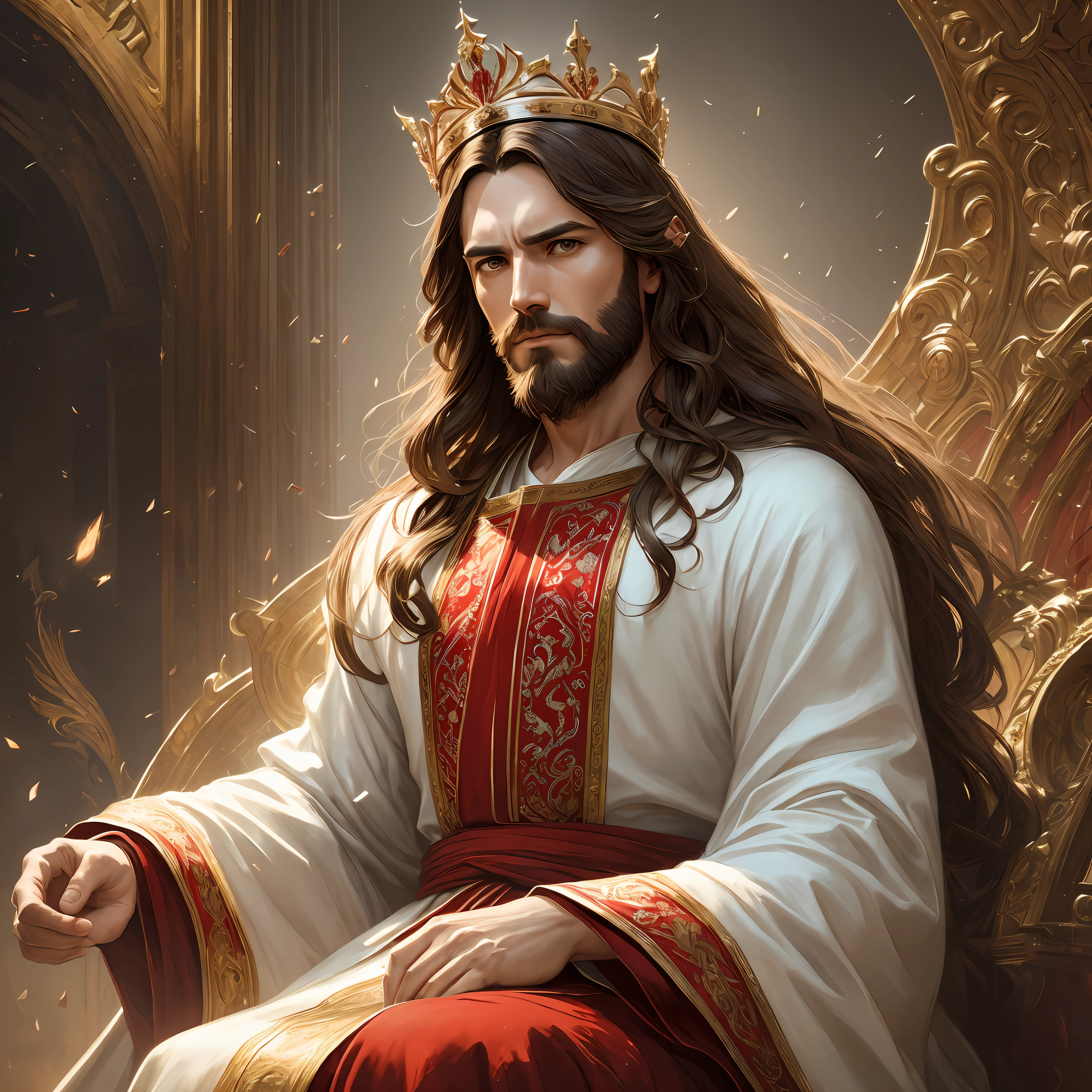 Jesus Christ sitting on the throne, dressed in white and red robe, crown on head, brown hair and beard, serious face, masterpiece, best quality, high quality, 8k wallpaper, award-winning photography, HDR, bloom, chromatic aberration, photorealistic, extremely detailed, intricate, high detail, dramatic, art in the middle of the journey, volumetric lighting, art by artgerm and ruan jia and greg rutkowski surreal painting (masterpiece, Side lighting, beautiful finely detailed eyes: 1.2), HDR, 8K, God Ray --auto --s2