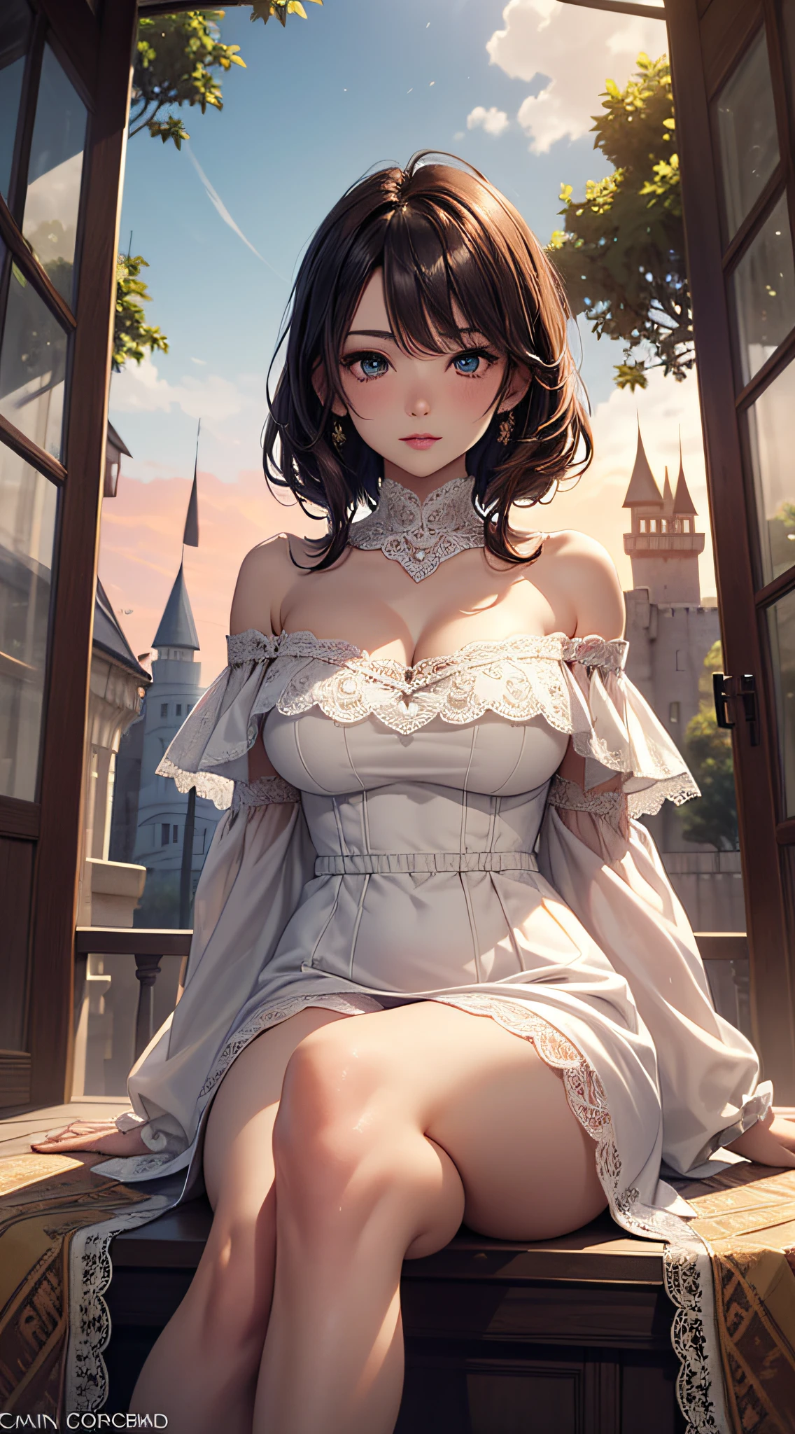 (Best Quality:1.4), (hyper quality), (Ultra-detailed), 1 beautiful girl, Extremely cute, Amazing face and eyes, (beautiful lace gorgeous off shoulder dress:1.5), (beautiful breasts:1.1), (slender body:1.1), Authentic skin texture, bright and shiny lips, Beautiful Goddess Advent, (sitting, legs spread, pubick hair, cameltoe details:1.2), Beautiful background, Golden ratio, conceptual art, Super Detail, ccurate, high details, Anatomically correct, Outdoors, Beautiful jungle, (Giant Castle:1.5), cutting edge, Sexy Art, Open your legs, Surrounded by beautiful sunsets, dazzling lights, Super delicate illustration details, Highly detailed CG integrated 8k wallpapers, RAW Photos, professional photograpy, Cinematic lighting, Super gorgeous illustrations, depth, depth of field, (View from below)