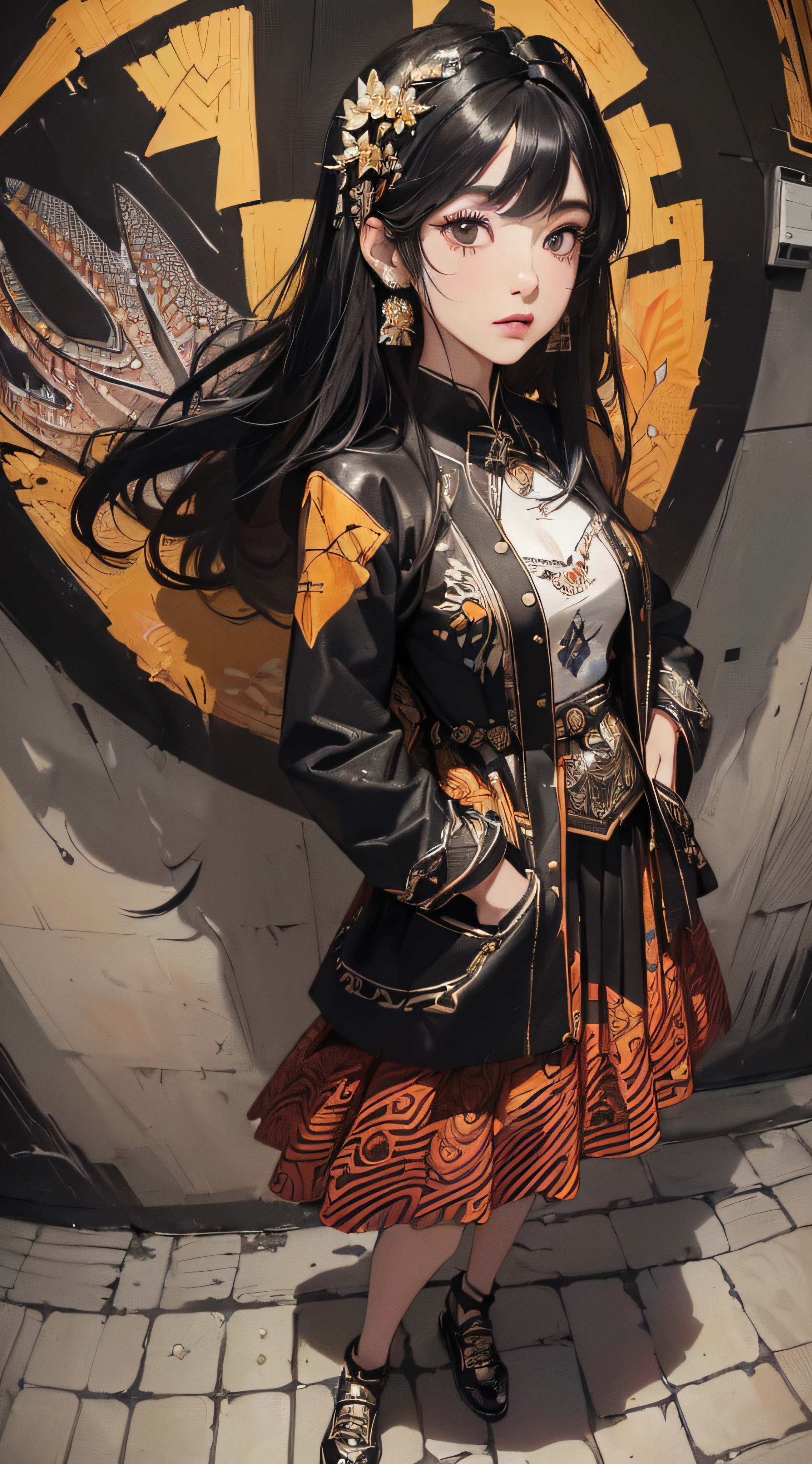 (((8k wallpaper of extremely detailed CG unit:1.2, masterpiece, hight resolution:1.2, top-quality:1.2, masutepiece))), ((a very beautiful woman, Hands in pockets:1.8, Grunge Fashion:1.2, Wearing a blouson:1.2, Wearing a long skirt, Wearing shoes)), ((extra detailed face, Highly detailed black eyes, extra detailed body, Top quality real texture skins)), (A dark-haired, length hair, de pele branca, Small:1.2), ((Colorful geometric patterns are painted all over the wall..., Colorful wall)), (high-angle:1.2, Fisheye:1.3), hyper realisitic, digitial painting,