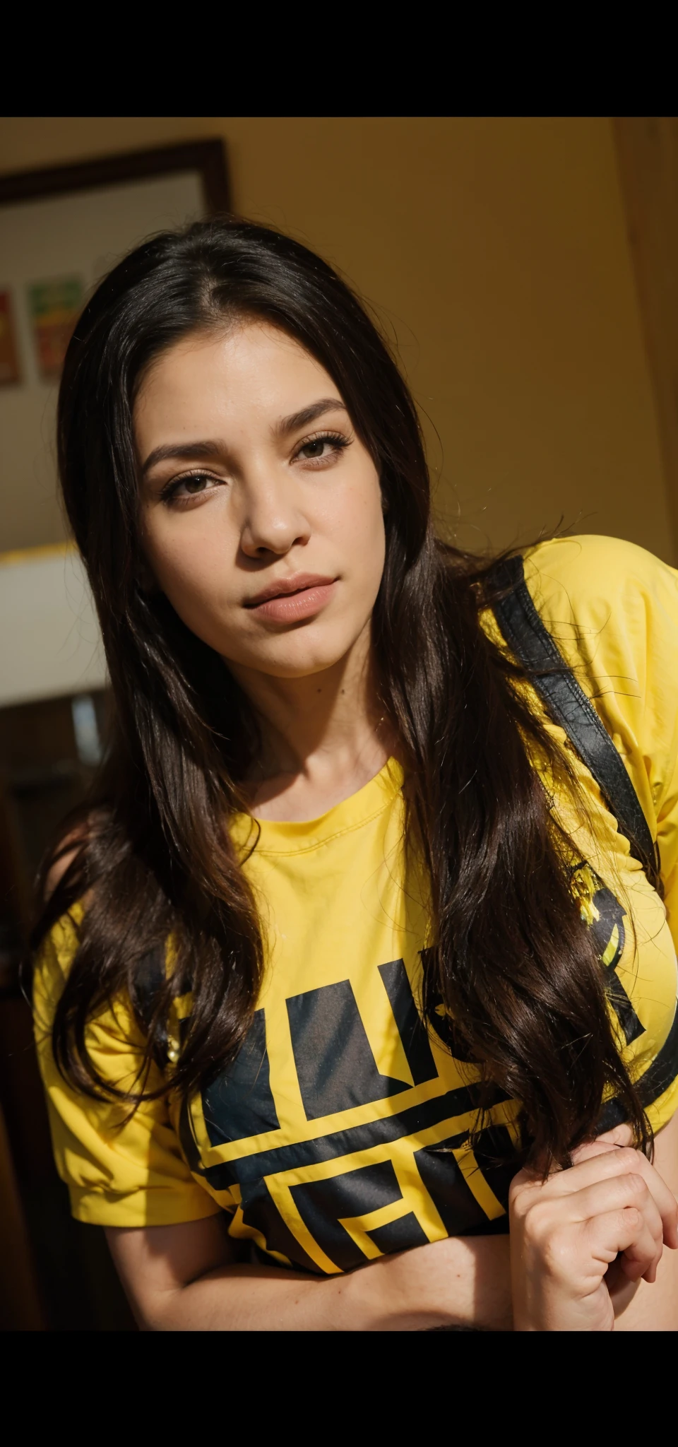 mulher arafed com cabelo preto longo vestindo uma camisa amarela, Parece Fabiula Nascimento, vestindo croptop amarelo, 🐿🍸🍋, low quality video, vestindo uma camiseta amarela moderna, tiktok video, Alanis Guillen, instagram story, Malika Favre, Violeta Myers, imagem frontal, mulher amarela bonita, frontal, maquiagem amarela