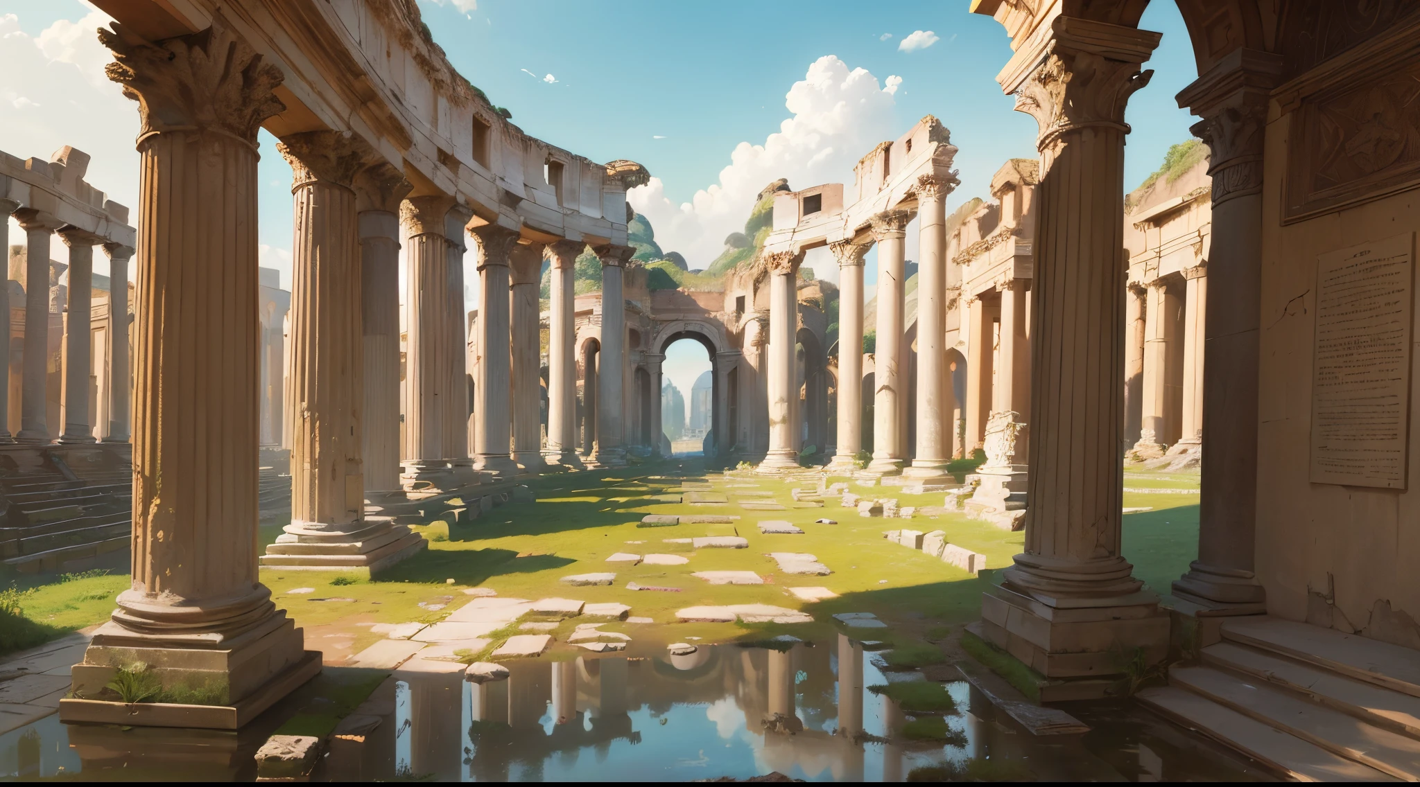 (ultra-detailed,realistic:1.37),oil painting,romantic,landscape,vivid colors,crumbling ruins of the Roman Forum,intricate details,Roman citizens,engaging in daily activities,declining days of the Fall of Rome,picturesque background,beautiful architecture,bustling market,broken columns,faded frescoes,natural light filtering through,aged texture,soft brushstrokes,lifelike shadows,hidden pathways,overgrown vegetation,quiet atmosphere,serene expressions,subtle reflections,ancient artifacts,weathered statues,rich history,warm color palette,authentic depiction,dynamic composition,harmonious style,admired by art enthusiasts.