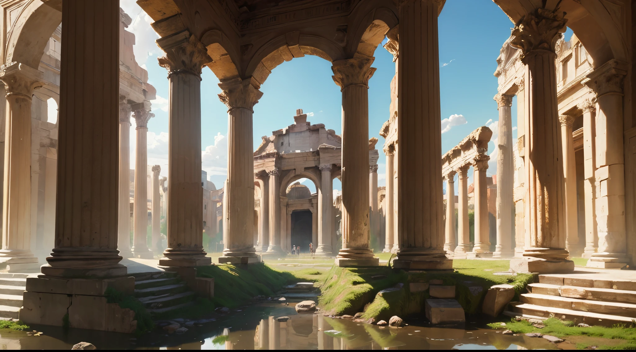 (ultra-detailed,realistic:1.37),oil painting,romantic,landscape,vivid colors,crumbling ruins of the Roman Forum,intricate details,Roman citizens,engaging in daily activities,declining days of the Fall of Rome,picturesque background,beautiful architecture,bustling market,broken columns,faded frescoes,natural light filtering through,aged texture,soft brushstrokes,lifelike shadows,hidden pathways,overgrown vegetation,quiet atmosphere,serene expressions,subtle reflections,ancient artifacts,weathered statues,rich history,warm color palette,authentic depiction,dynamic composition,harmonious style,admired by art enthusiasts.