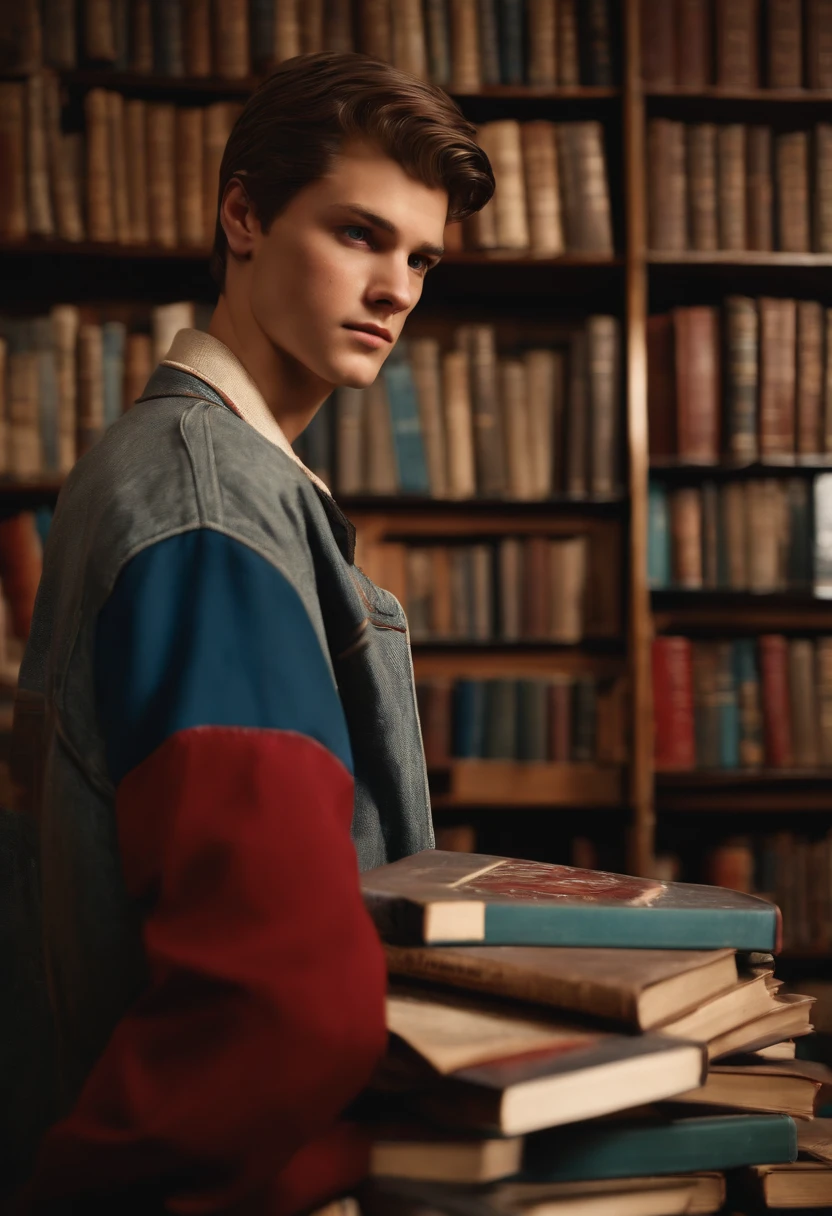 A photo of Nathan at a vintage book store, angrily flipping through a stack of books,Life is Strange video game series,Nathan is a age boy with blue eyes, slicked back light brown hair, light freckles, wears a red letterman jacket, mean expression