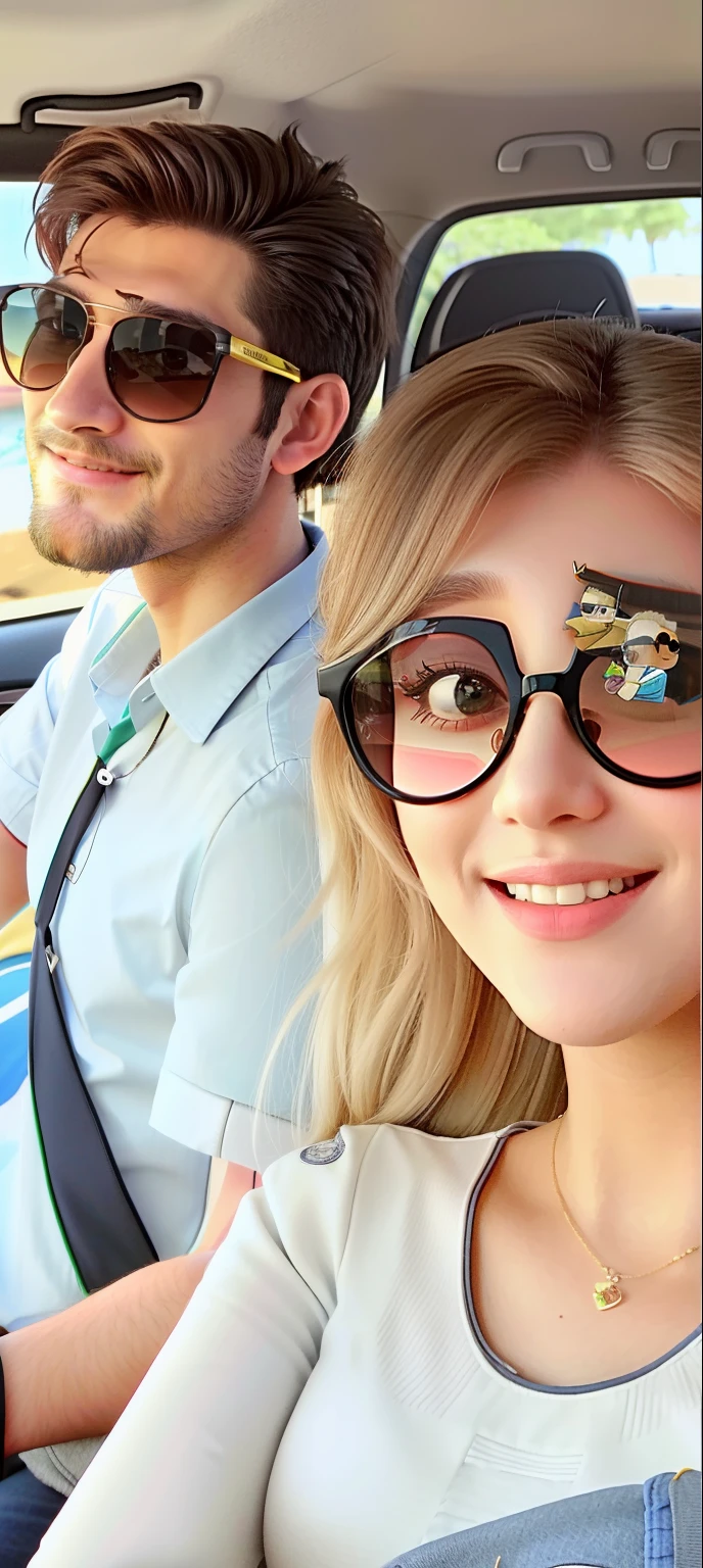 Um casal dentro do carro, both wearing sunglasses; ele de cabelos grisalhos e ela de cabelos loiros tirando uma selfie