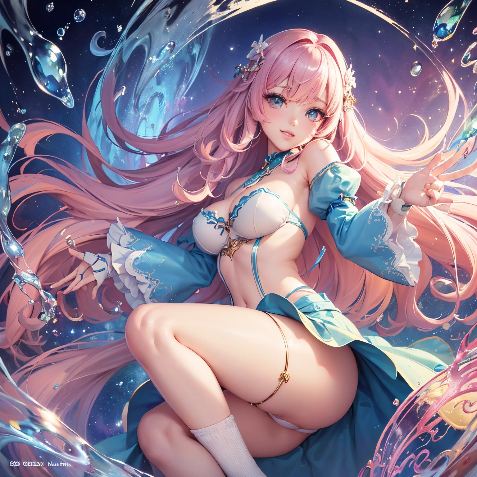 (Beautiful detailed eyes,Beautiful detailed lips,extremely detailed eye and face,longeyelashes,Cute girl in alchemy costume,Cute uniform,miniskirt laugh out loud,attractive girl,Best Quality,busty,masutepiece:1.2,stunning figure,Erotically cute,Ultra-high resolution,Gorgeous girl,Lovely girl,Multi-colored hair,Relaxation Socks,High resolution,gorgeous eyes,Perfect beauty) (masterpiece、top-quality、top-quality、watercolor paiting(Curly)、Official art、Beautifully Aesthetic:1.2)、(2girl with:1.3)、(Fractal Art:1.3)、The upper part of the body、From Side、looking at the viewers、patterns、(rainbow-colored hair、colourful hair、Half white and half pink hair:1.2)、((A detailed4This refers to、Thumb joint details))、Eau、gases、云、colourfull、Soap bubbles、Deep kissing、(I'm、violate、Detailed panties)