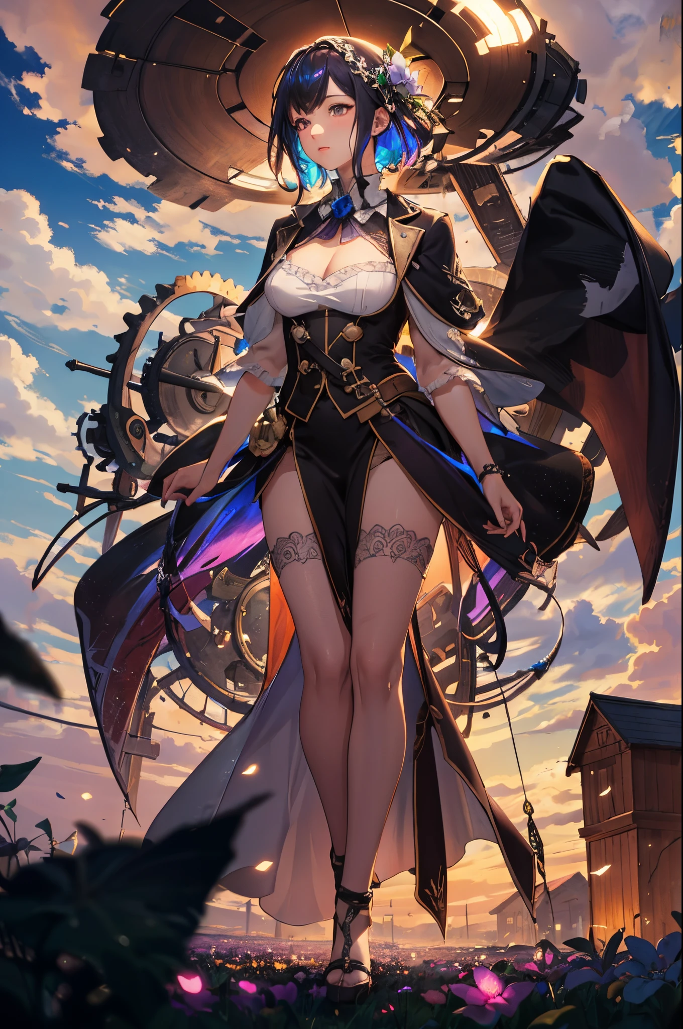 expansive landscape photograph , (a view from below that shows sky above and open field below), a girl standing on flower field looking up, bright sunny day (clouds:1.2), distant mountain, tree BREAK
production art, lot of purple and orange, intricate details, volumetric lighting, realism BREAK
(masterpiece:1.2), detailed shadows, (best quality), 4k, ultra-detailed, (dynamic composition:1.4), highly detailed, colorful details,( iridescent colors:1.2), (glowing lighting, atmospheric lighting), dreamy, magical, (solo:1.2)