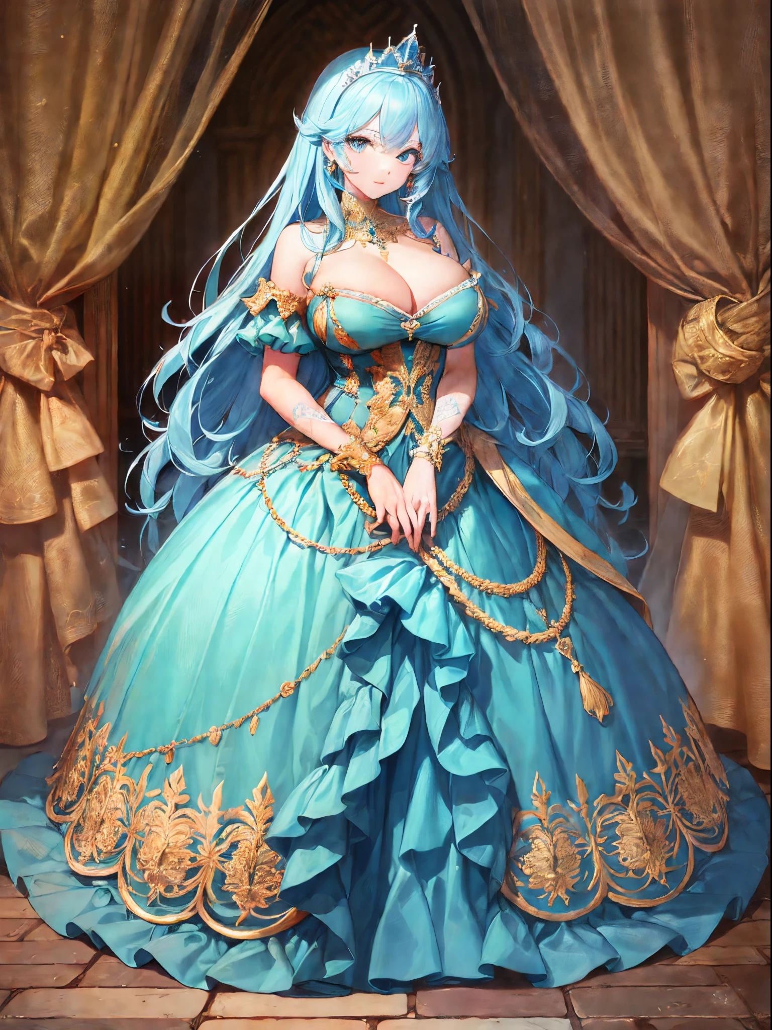 ultra-detailed, extremely detailed,((anime artstyle)),Masterpiece,(Best Quality),(Super Detail),(Very Delicate and Beautiful),((Solo)),((full body)),full body,((detailed face and eyes)),perfect eyes, rendered eyes,jewel-like beautiful eyes,((1 princess in beautiful embroidery and jeweled gorgeous rococo ballgown with frilled voluminous full length hoop skirt)),((Crinoline)),beautiful embroidery and jeweled gorgeous rococo ballgown with frilled voluminous full length hoop skirt,(large amount of straight hair,extremely voluminous Very Long straight Hair,Absolutely Long Straight Hair),(((very gigantic boobs))),cleavage,(fantasy castle,outdoors,outside the castle),long_gloves,extremely gorgeousfull jeweled hair ornament,(bling-bling extremely gorgeousfull jeweled tiara),(luxurious jewelry),full body,beautiful embroidery and jeweled gorgeous rococo ballgown with frilled voluminous full length hoop skirt