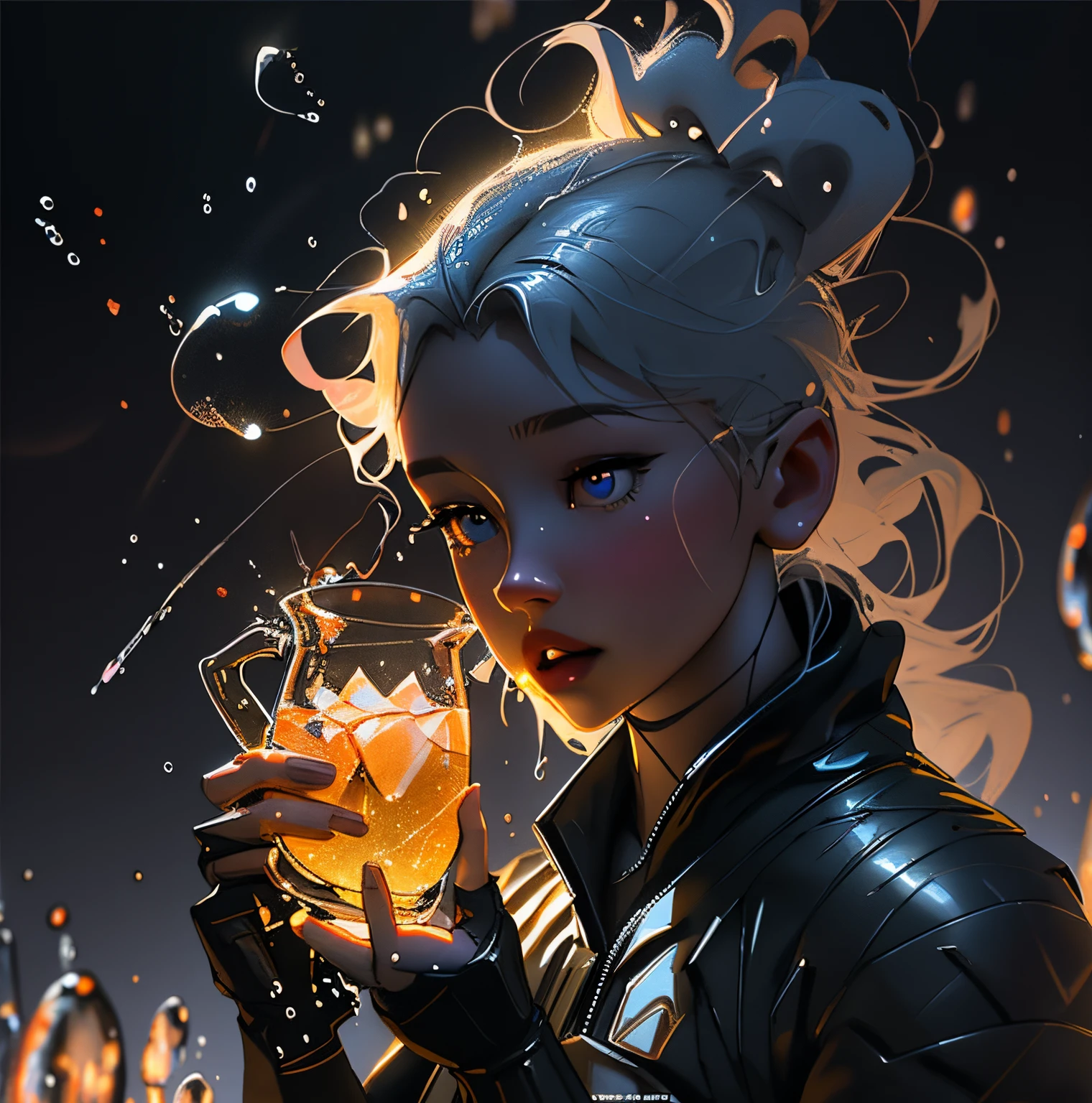 a glowing glass head and a glowing glass body, amazing particles pulling out of the glass head and body, like droplets of glass floating, 8k highly detailed digital art, intricate artwork, octane render, mind-bending digital art, breathtaking digital art, 3d digital art, 8k hd wallpaper, volumetric lighting, highly reflective glass particles