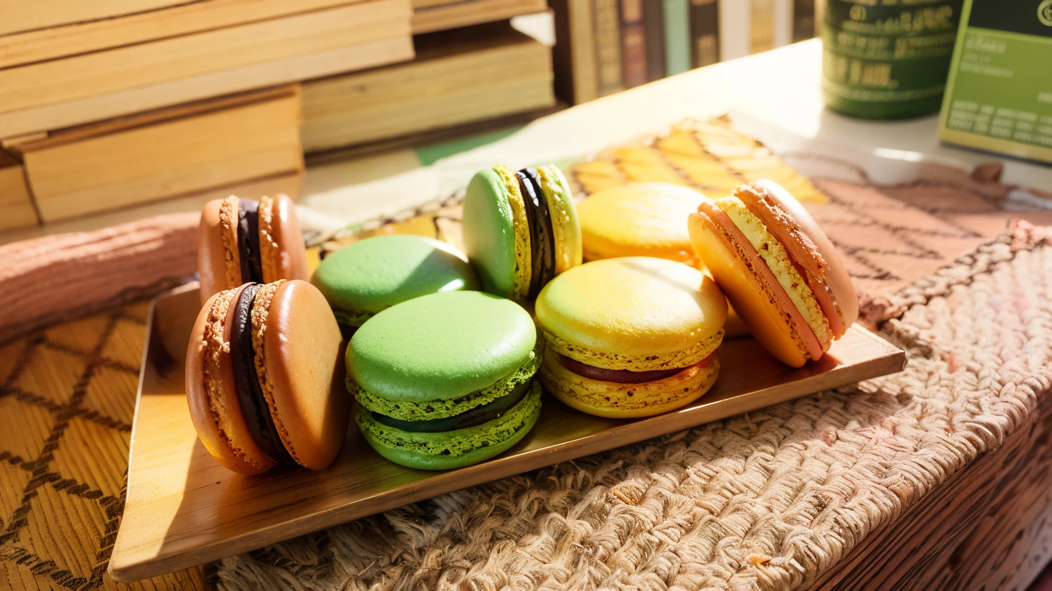 tea party, cake, macaron, donut, cookie, tea, cute, cute, sweet, pastel color, fluffy, sweet, pale shade, (old library), (wooden table), macha, Japanese style