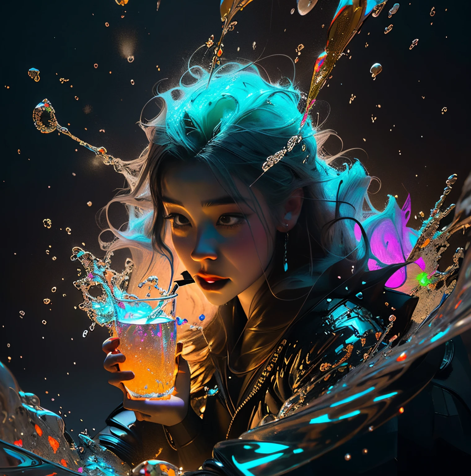 a glowing glass head and a glowing glass body, amazing particles pulling out of the glass head and body, like droplets of glass floating, 8k highly detailed digital art, intricate artwork, octane render, mind-bending digital art, breathtaking digital art, 3d digital art, 8k hd wallpaper, volumetric lighting, highly reflective glass particles