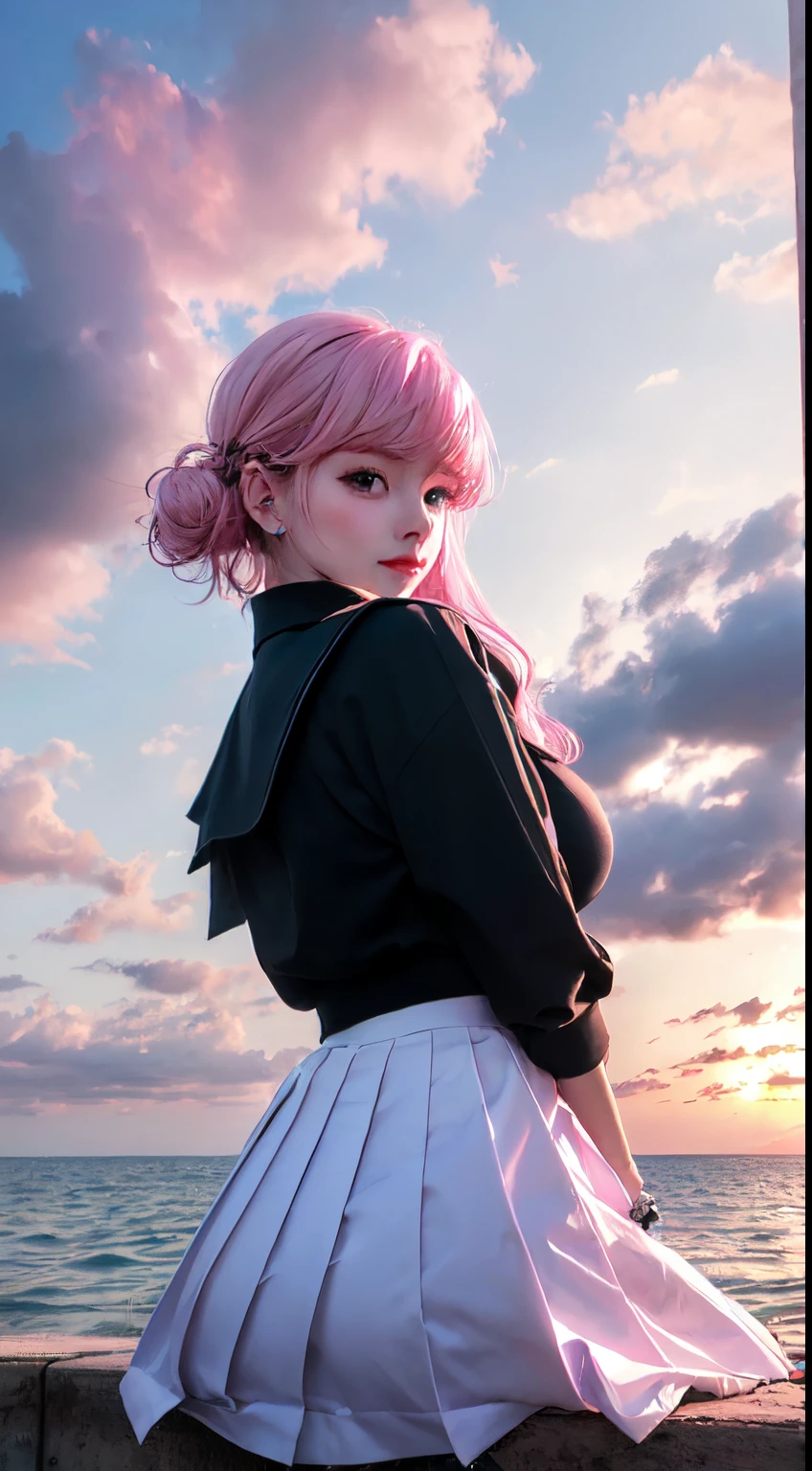 ((top-quality)), ((masterpiece)), (detaileds), from below, Pink bob hair, beautiful school girl, plump breast, school uniform, sitting on seashore, open her legs, looking at viewer, beautiful pink sky and clouds,