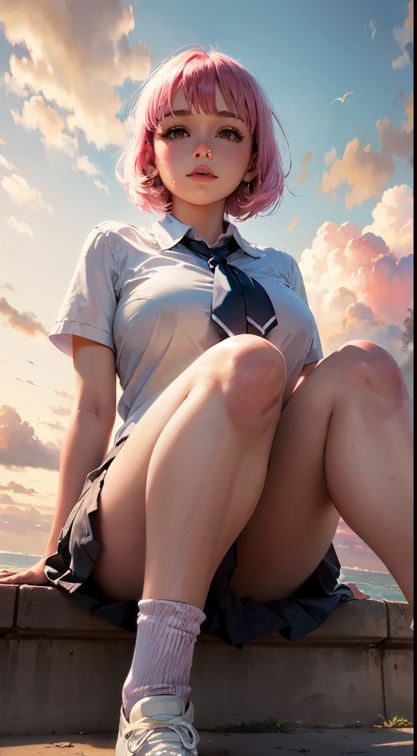 ((top-quality)), ((​masterpiece)), (detaileds), from below, Pink bob hair, beautiful school girl, plump breast, school uniform, sitting on seashore, open her legs, looking at viewer, beautiful pink sky and clouds,